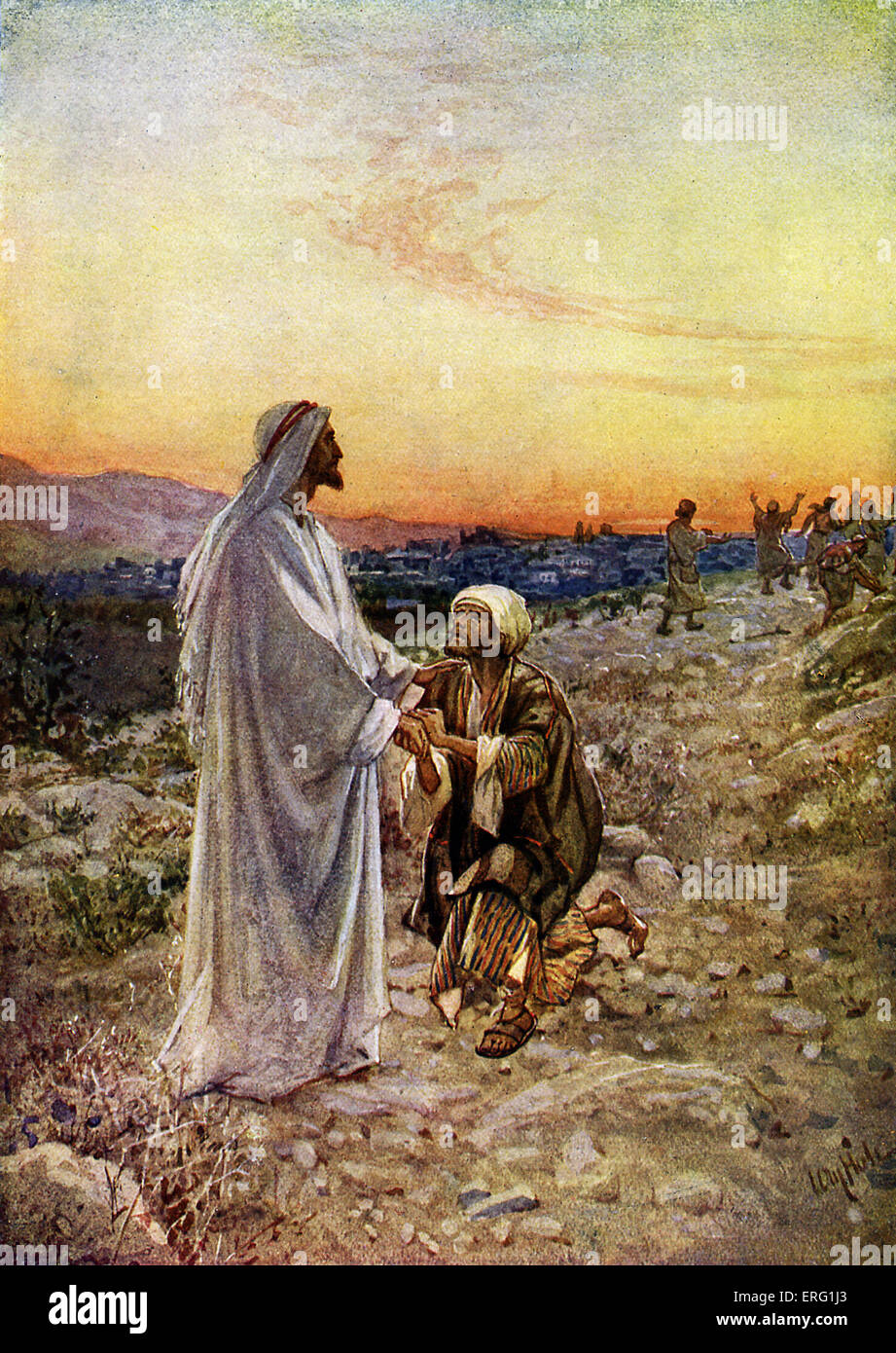 Jesus heals lepers whilst passing through Samaria, of which only one turns to give thanks. 'Were there not ten cleansed? but Stock Photo
