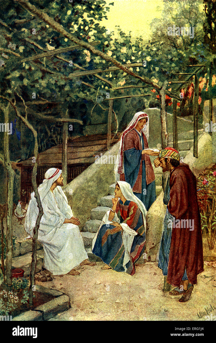 Jesus in the home of Martha. Martha is concerned that Mary sits and listens to their guest rather than serving. 'Martha, Martha, thou art careful and troubled about many things: But one thing is needful: and Mary hath chosen that good part, which shall not be taken away from her' Luke x 38-42. Illustration by William Hole 1846-1917. Stock Photo