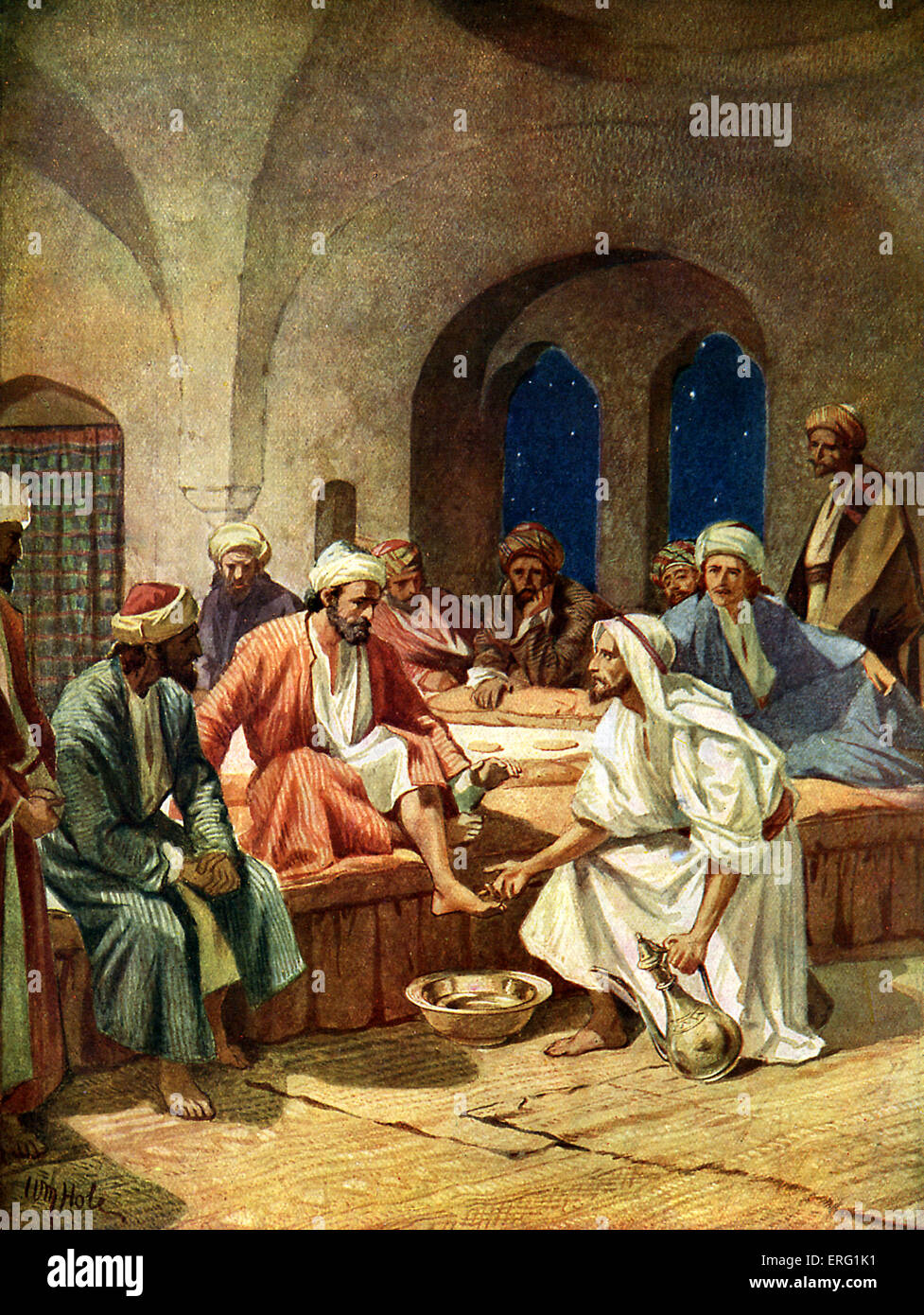 Jesus washes Peter's feet before the feast of Passover. 'Peter saith unto him, Thou shalt never wash my feet. Jesus answered Stock Photo