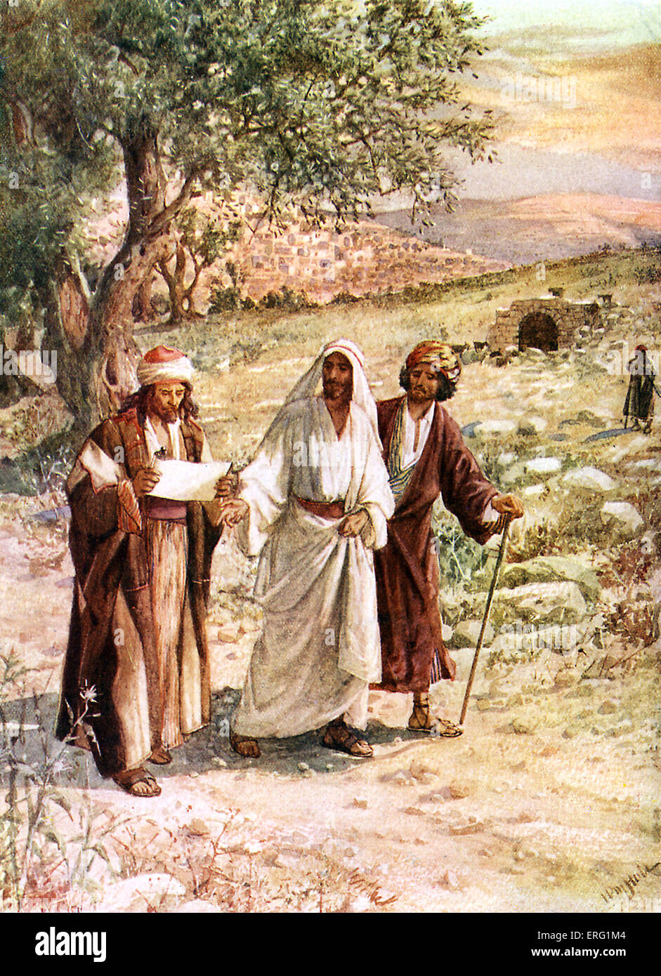 Two Disciples Walk With The Risen Jesus On The Road To Emmaus Stock