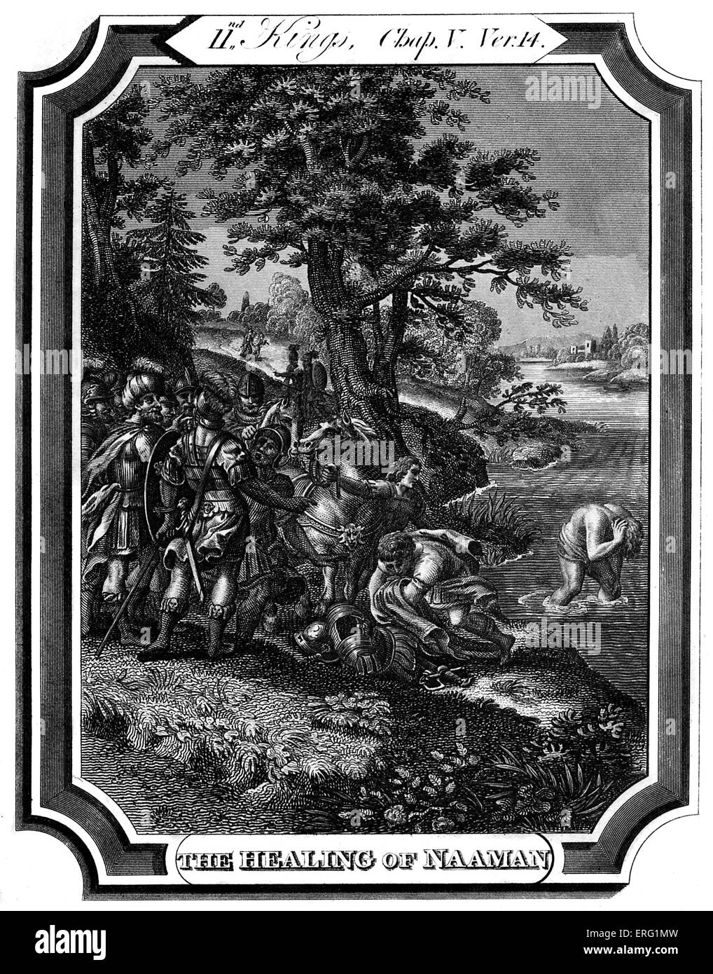 Elisha cures Naaman of leprosy by instructing him to bathe in the River Jordan. Caption reads: The healing of Naaman. Kings II, Stock Photo