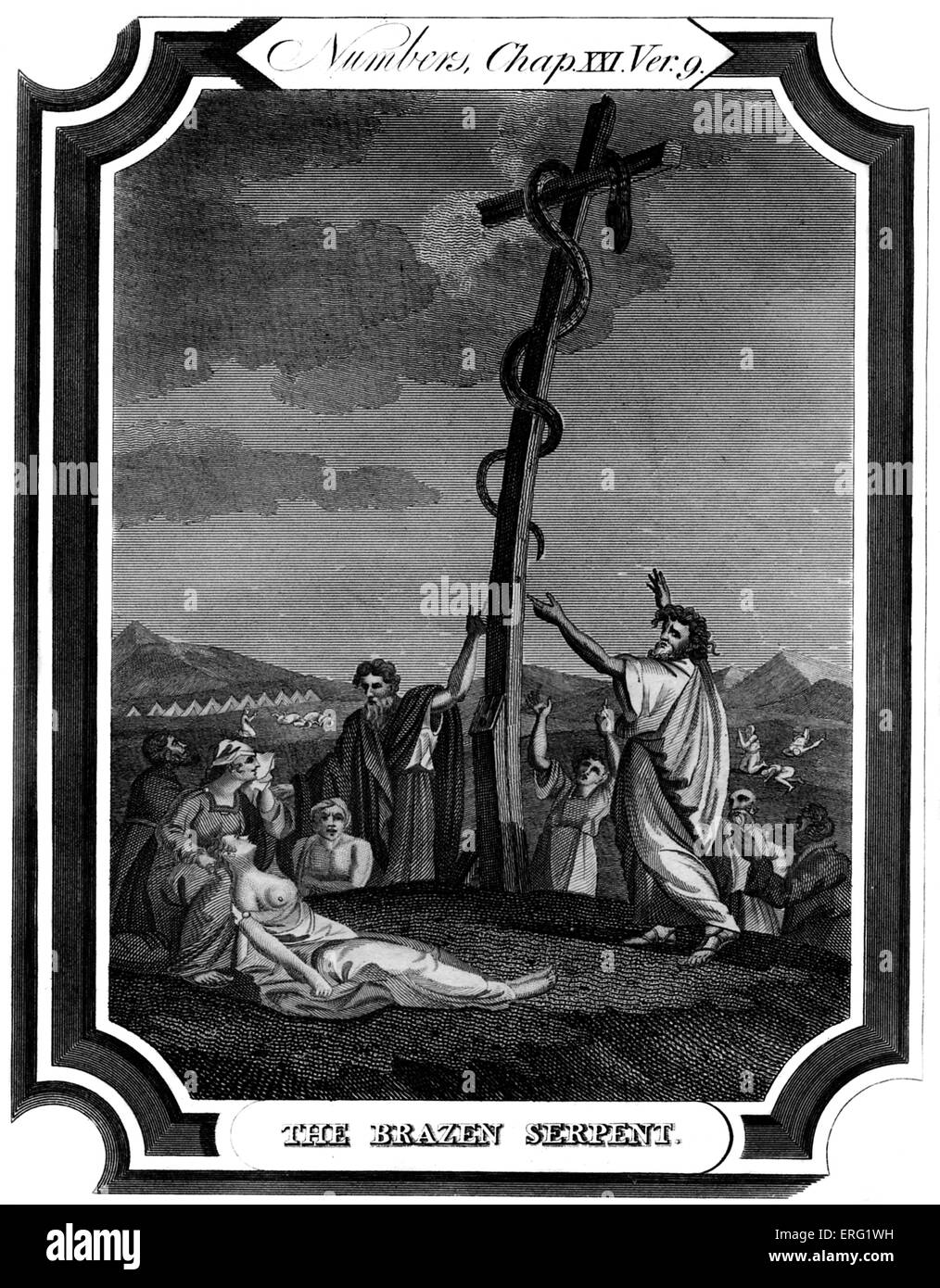 The Brazen Serpent. Moses erects a brass serpent, or Nehustan, to protect those bitten by a plague of snakes. Numbers, Chap XXI, verse 9 'And Moses made a serpent of brass, and put it upon a pole, and it came to pass, that if a serpent had bitten any man, when he beheld the serpent of brass, he lived.' Engraving by T O Barlow 1824 -1889. Stock Photo