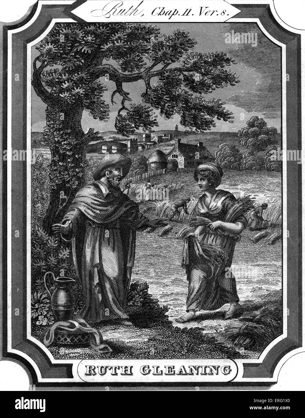 Ruth takes leftover crops from a field owned by Boaz, who will later become her husband. Caption reads: Ruth gleaning. Ruth, Stock Photo