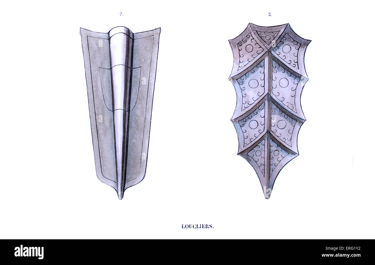 Infantry shields ('pannes'), made of light wood and covered with metal. 14th century. c. 1847, hand-painted copy of 14th century art. Stock Photo