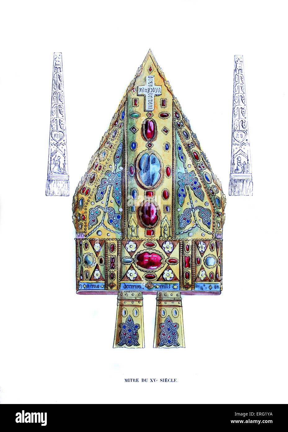 Bishop 's mitre with ceremonial stole on either side - 15th century. c. 1847, hand-painted copy of 15th century art. Stock Photo