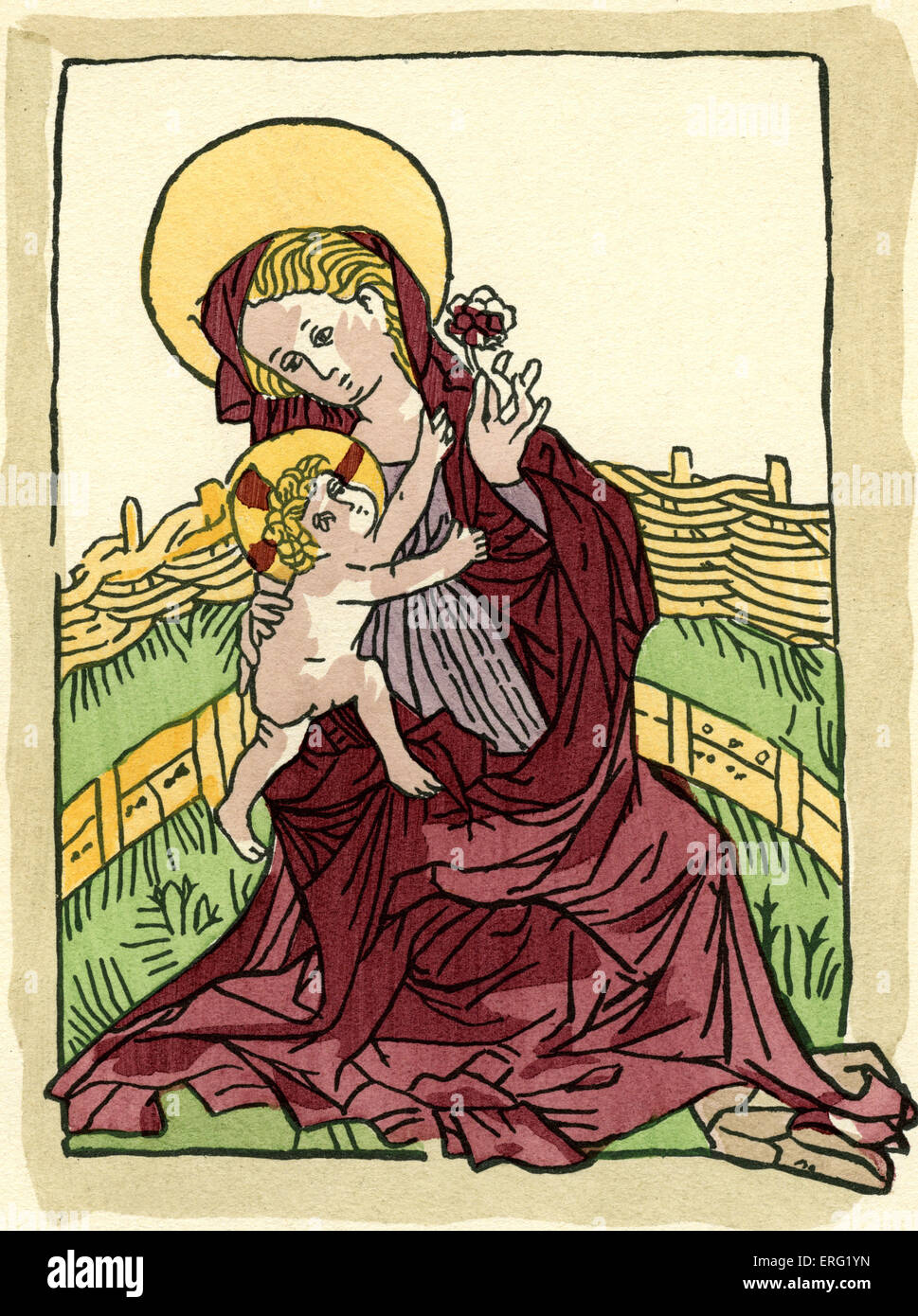 Mary with a rose, halo and the infant Jesus.  Swabian engraving created between 1470 and 1480 Stock Photo