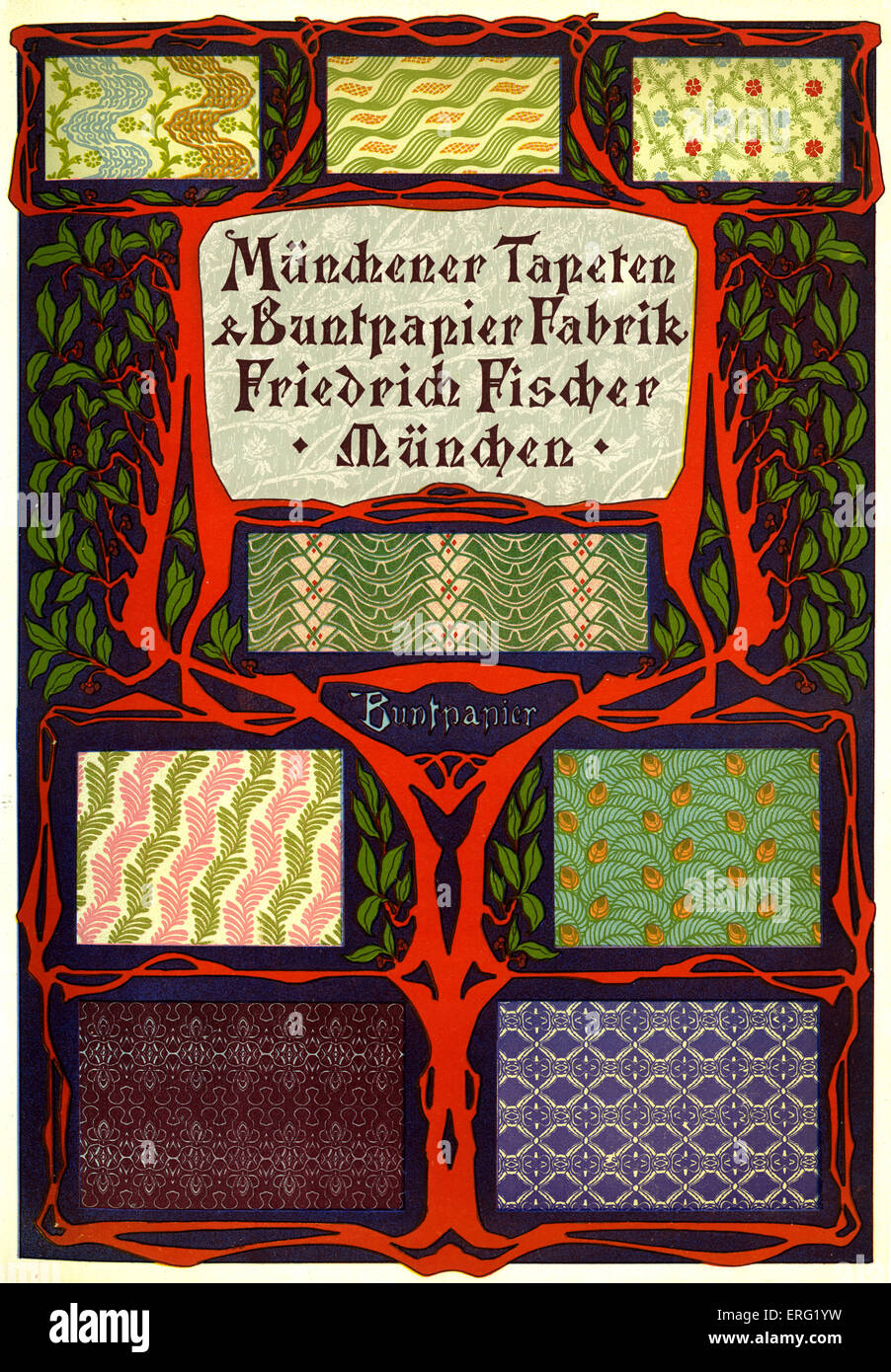 Geman advert for Friedrich Fischer, a Munich manufacturer of coloured endpapers. From Printers' Catalogue 1902 Stock Photo