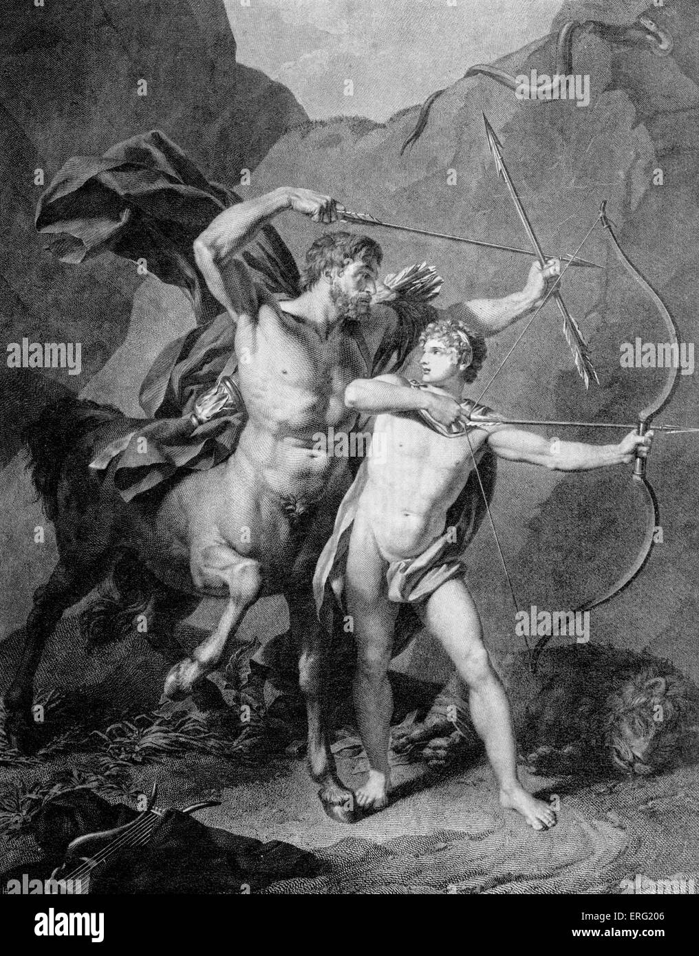 The young Achilles practises archery with Chiron, the centaur who raised him. Caption 'Die Erziehung des Achilles'. Stock Photo
