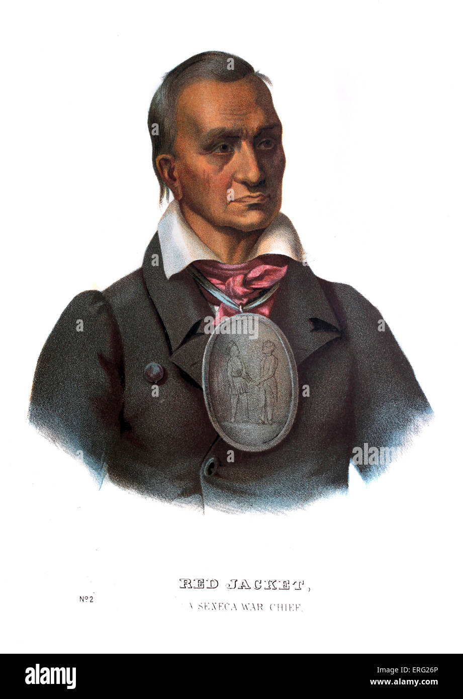 Red Jacket, a Seneca War Chief, c. 1750–January 20, 1830. Native American chief of the Seneca (Iroquois) tribe, and signatory to the Treaty of Canandaigua. Portrait painted in 1828 by Charles B. King (1785 - 1862). Stock Photo