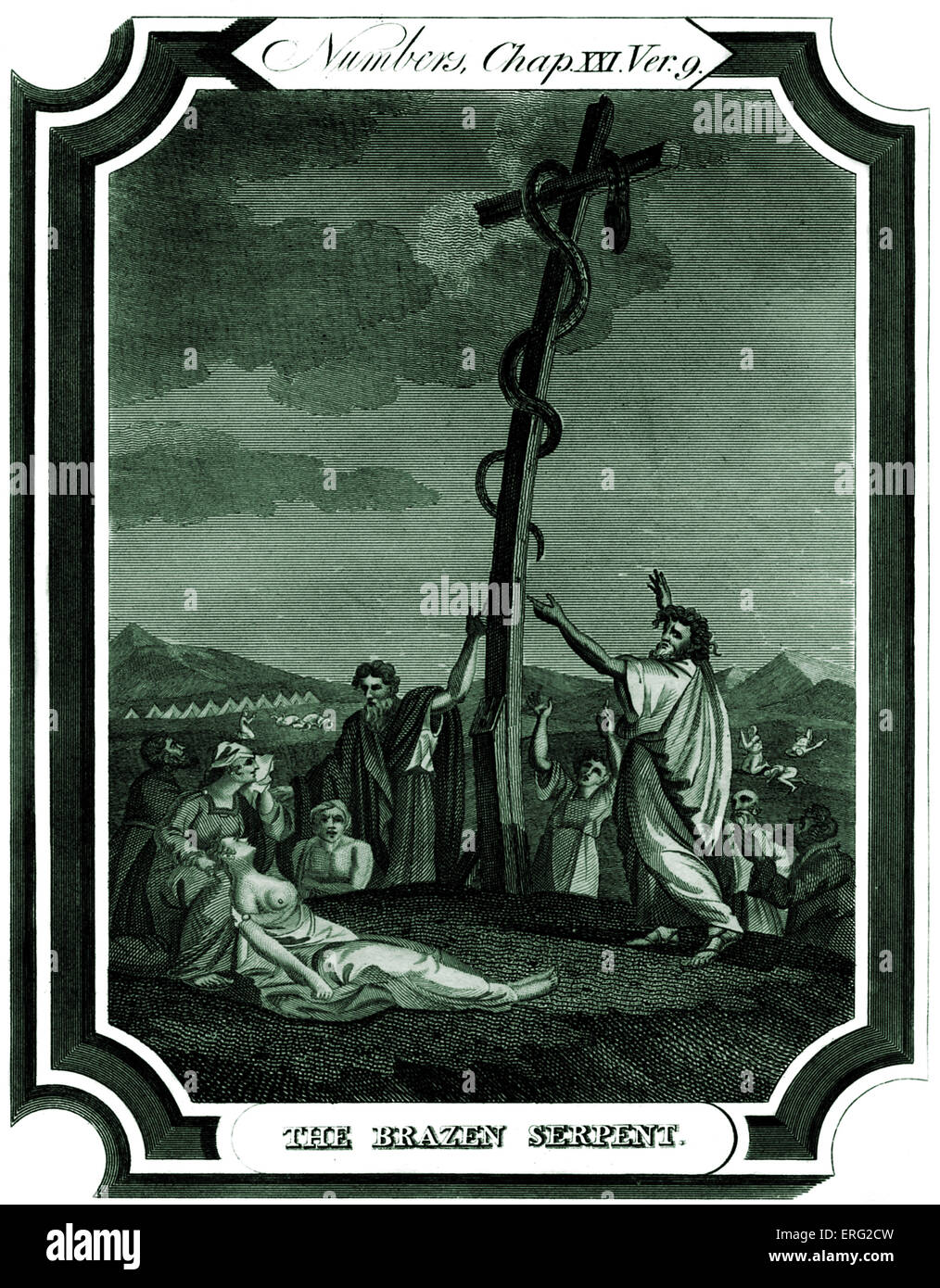 The Brazen Serpent. Moses erects a brass serpent, or Nehustan, to protect those bitten by a plague of snakes. Numbers, Chap XXI, verse 9 'And Moses made a serpent of brass, and put it upon a pole, and it came to pass, that if a serpent had bitten any man, when he beheld the serpent of brass, he lived.' Engraving by T O Barlow 1824 -1889. Stock Photo