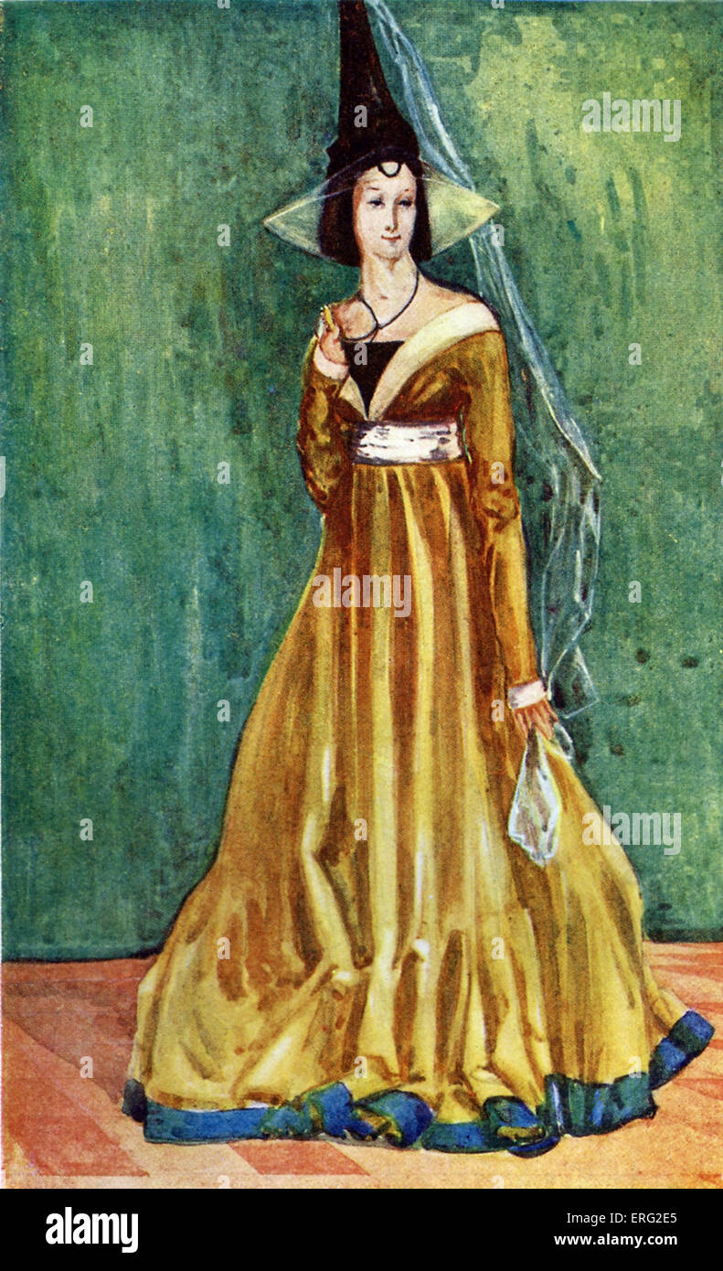 Woman 's costume in reign of Edward IV (1461- 1483). Wearing a high waisted gown, high hennin hat with velvet frontlet (across Stock Photo