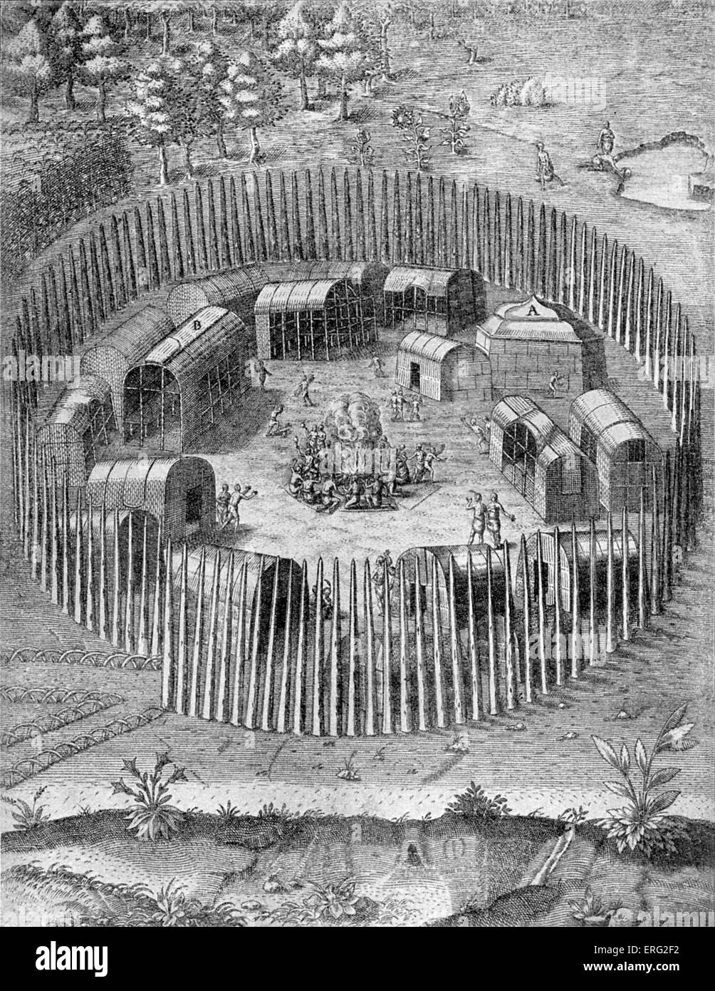 American aboriginal Indian village in Virginia.   'Report of the new found land of Virginia.' 1590. Published Frankfurt Stock Photo