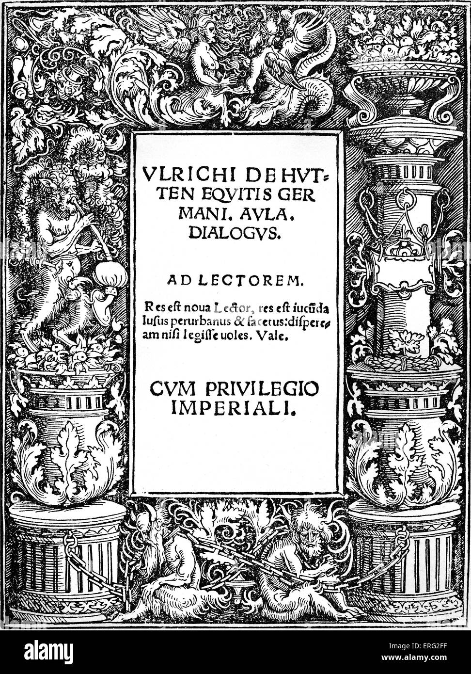 Title page to Ulrich von Hutten 's 'Dialogues', published Augsburg 1529. UvH German Church reformer 21 April 1488 - 29 August Stock Photo