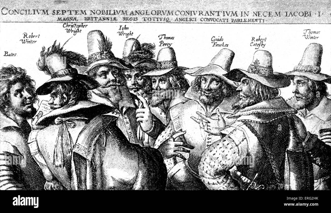 The Gunpowder Plotters conspiring, seventeenth century copperplate engraving by Crispin van de Passe Dutch publisher and Stock Photo