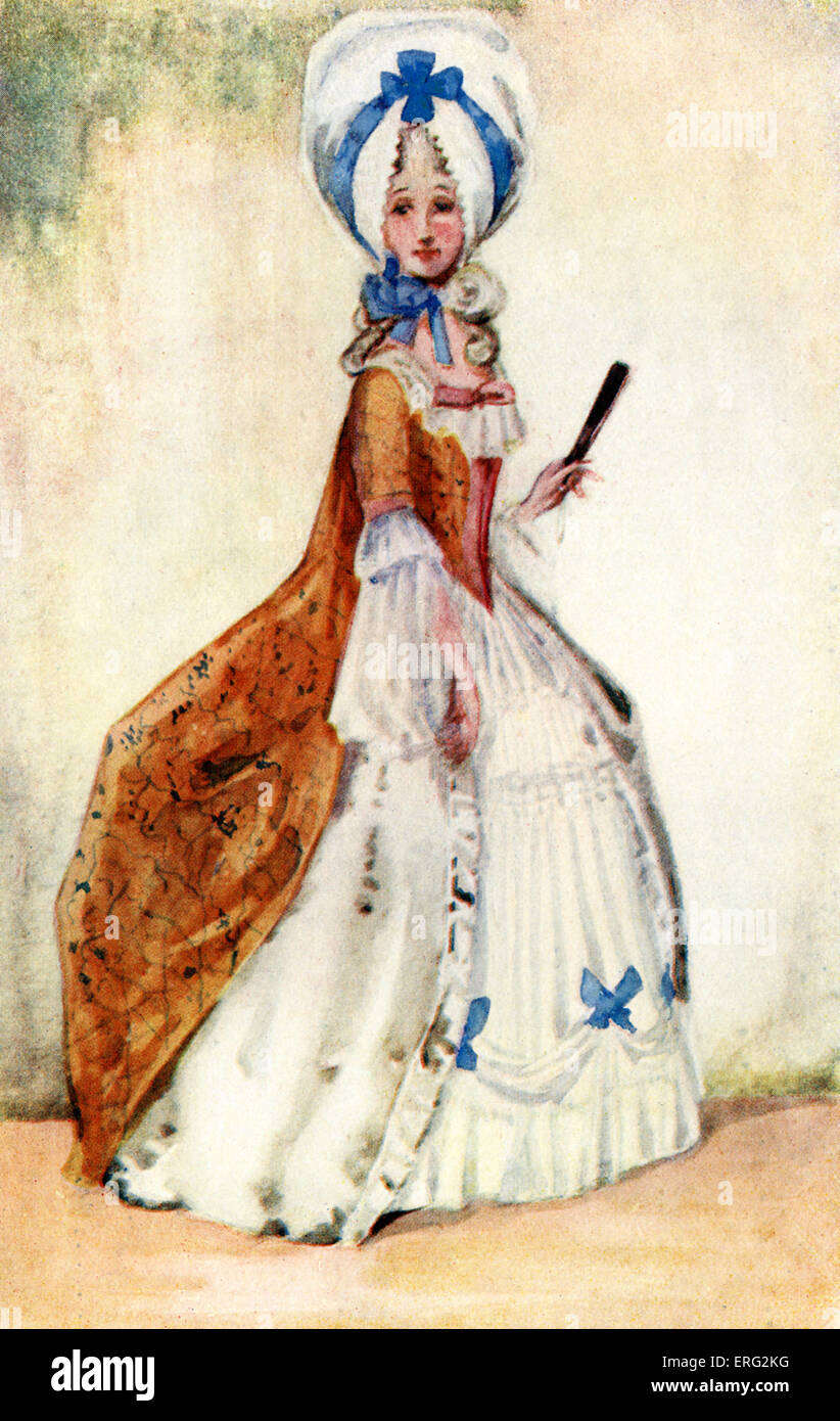 Woman 's costume in reign of George III (1760 -1820). Wearing a sack dress over a satin dress and white pleated skirt, held out by a hoop-frame. An immense white wig is worn with a mob cap. Illustrated and written by Dion Clayton Calthrop, 1875 - 1937 (1907). Stock Photo