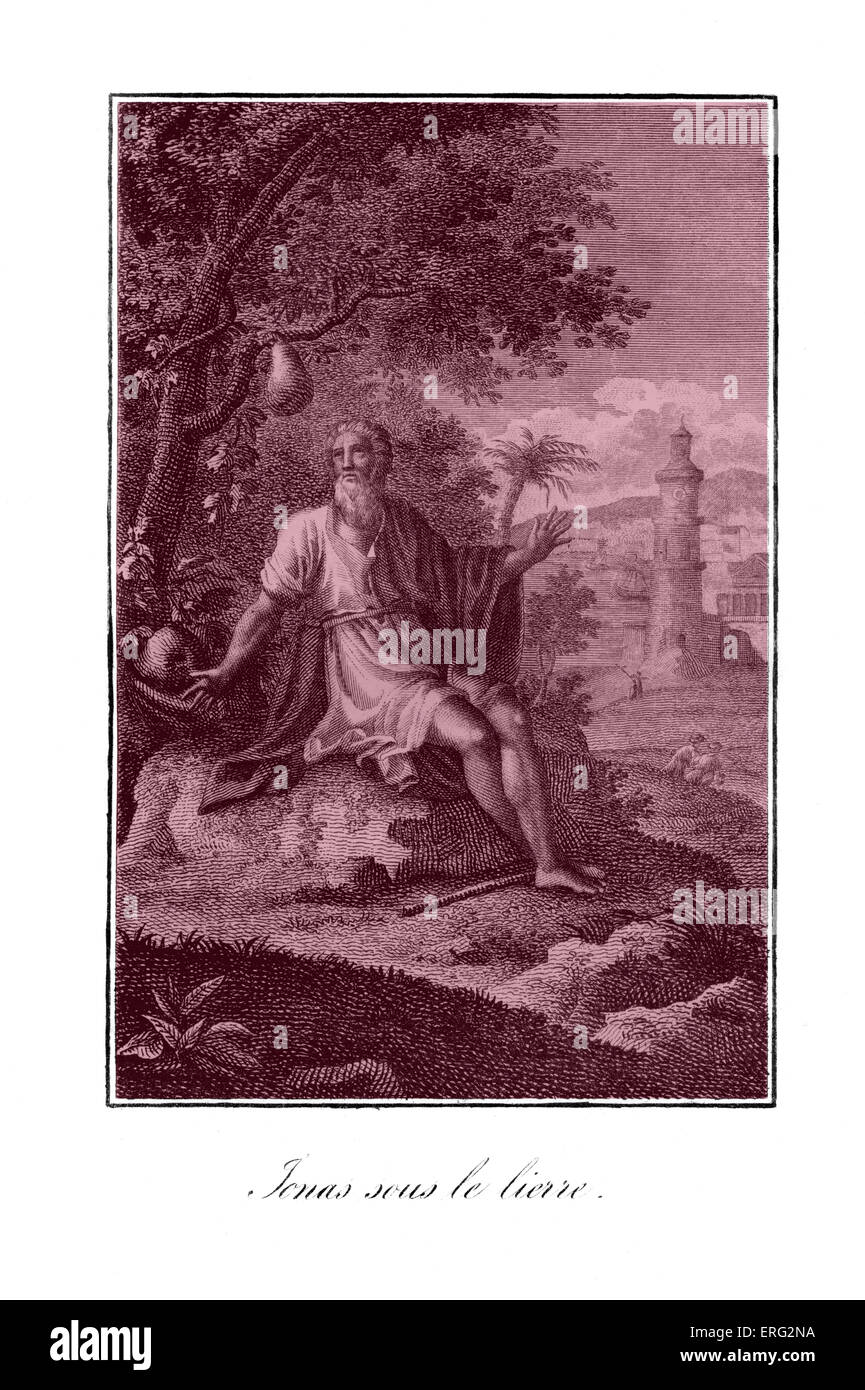 The prophet Jonah is sheltered from the Sun by a miraculous gourd. Jonah 4 5 11. Bible Stock