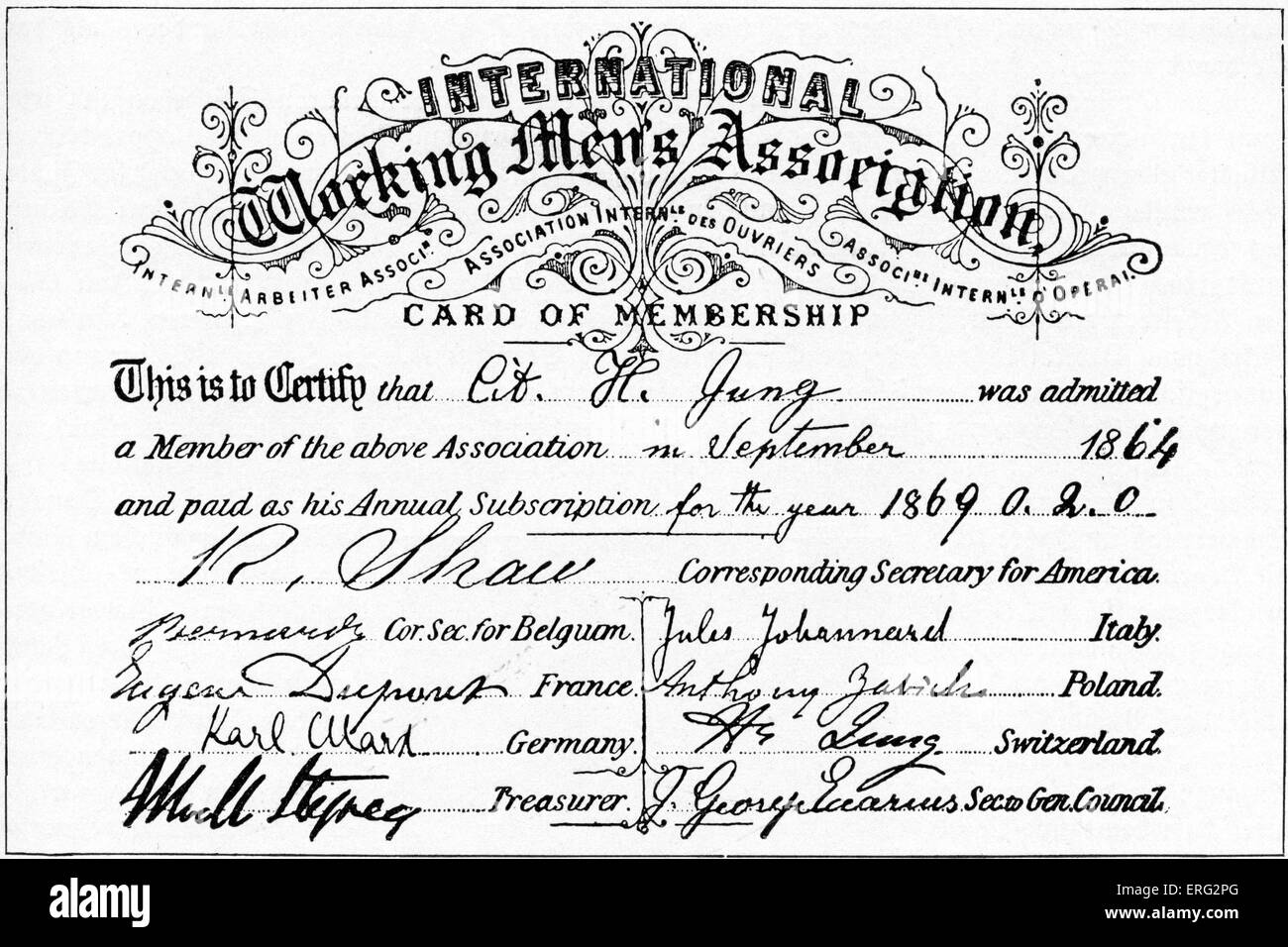 Membership card for the 'International Working Men's Association'. Subscription for 1869. Stock Photo