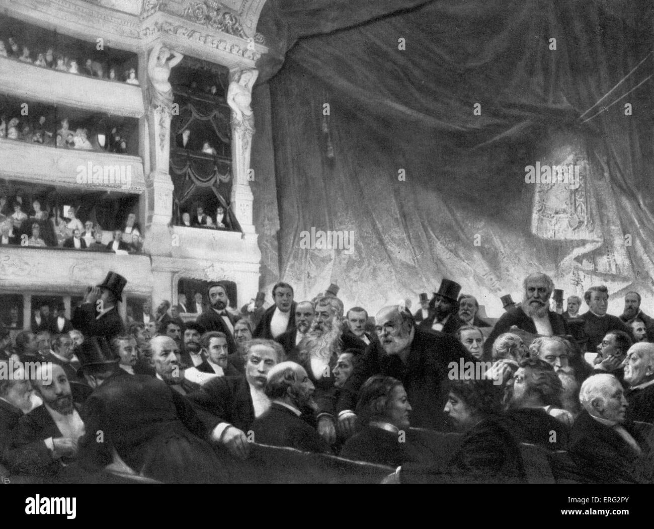Interval at the Comedie Francaise. A group portrait of audience of 19th century literary and performing arts celebrities at the Paris theatre performance by Eduoard Dantan, French artist (1848 - 1897). Audience includes Emile Zola, Alphonse Daudet, Charles Gounod, Edmond de Goncourt, Jean Richepin, Ludovic Halevy, Alexandre Dumas fils, Victorien Sardou. Stock Photo