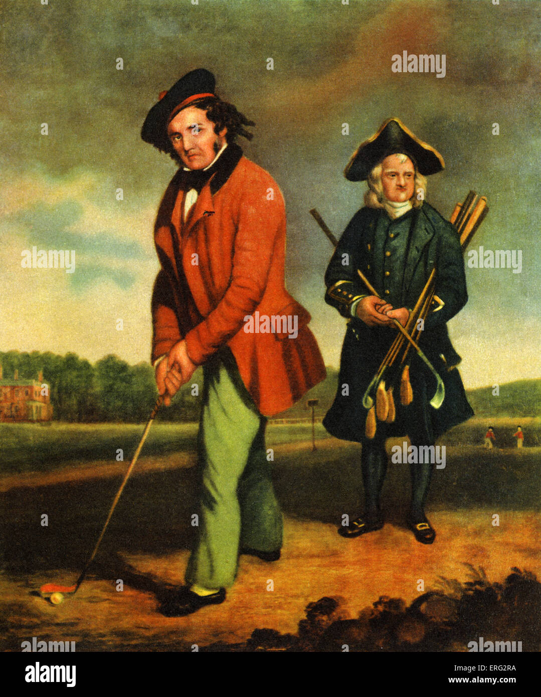A gentleman golfing with his caddy. Artist not known. Stock Photo