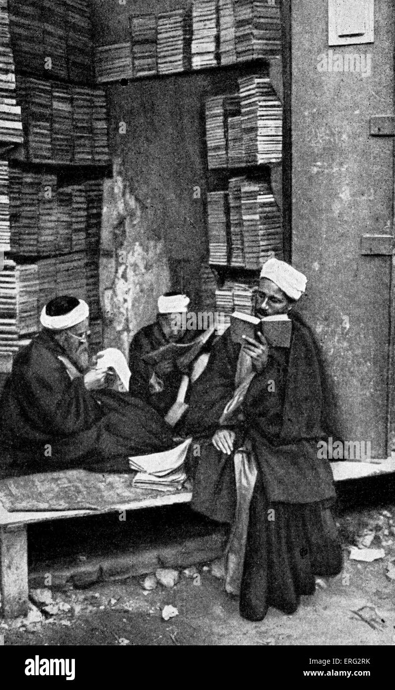 Egyptian students in front of a bookshop in Cairo.  Late nineteenth / early twentieth century. Stock Photo