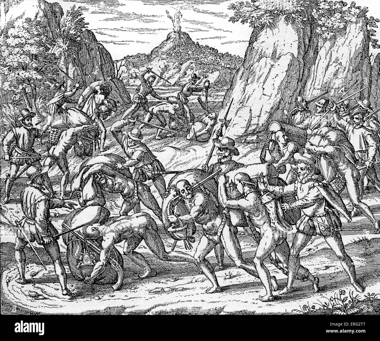 The abuse of Native Americans by Spaniards.  Engraving from 'Americae partes', Frankfurt 1590. Stock Photo