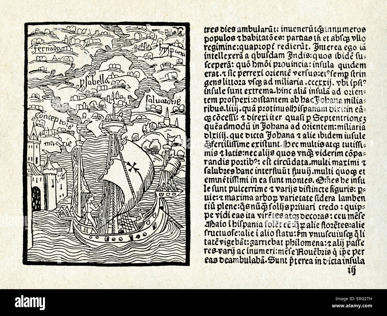 Christopher Columbus' letter.  Written 14 February 1493 on the caravel (ship) 'Nina'.  Latin translation  by Leander de Cosco, Stock Photo