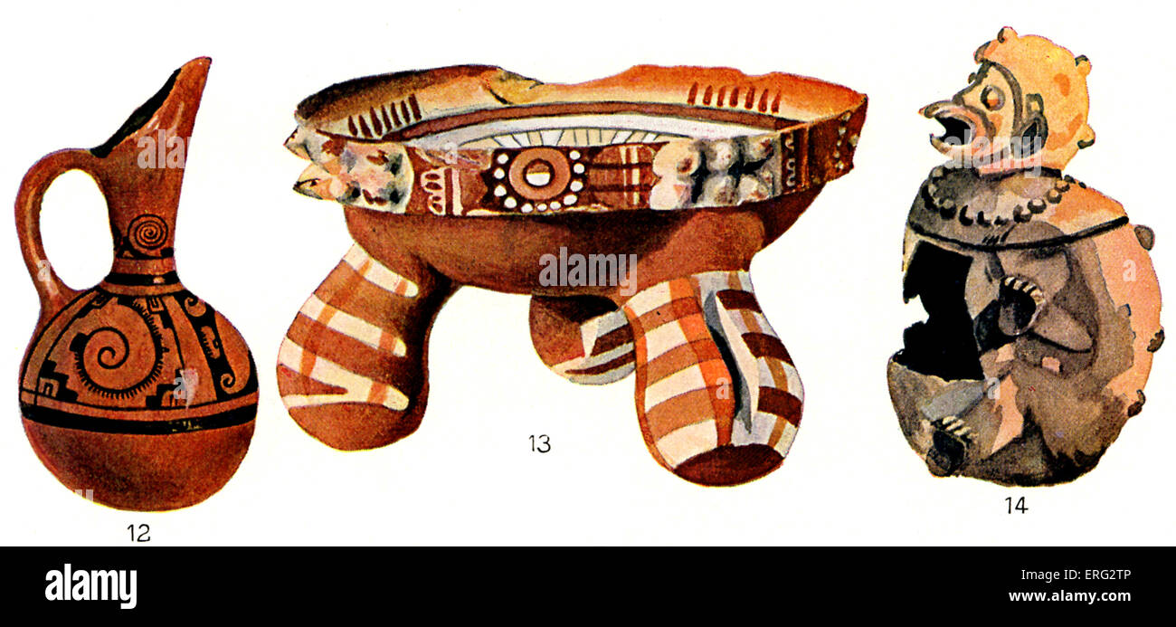 Pre-Columbian Mexican objects including a painted clay jug (12), a richly decorated tripod dish of fired clay (13) and a painted vlay vase in the shape of a sitting man (14). Stock Photo