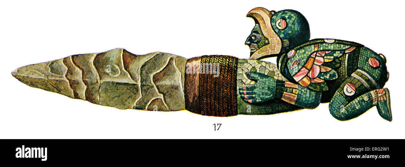 Pre-Columbian Mexican objects including a flint knife with a brightly coloured handle in the shape of a man (17). Stock Photo
