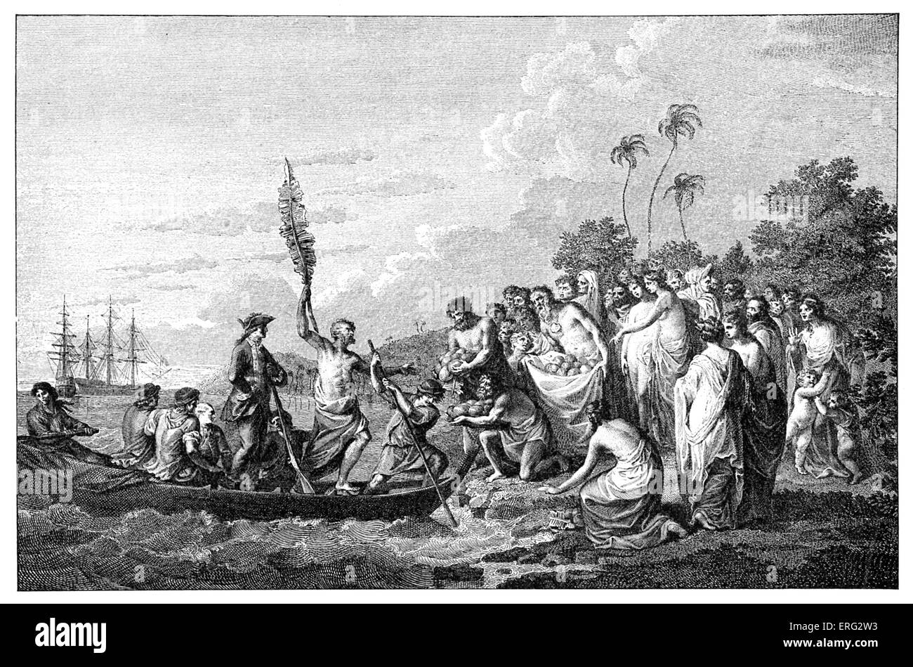 Captain Cook 's landing on the Friendly Islands, modern Tonga, greeted by Polynesian islanders. James Cook British explorer and cartographer 7 November 1728 - 14 February 1779. Stock Photo