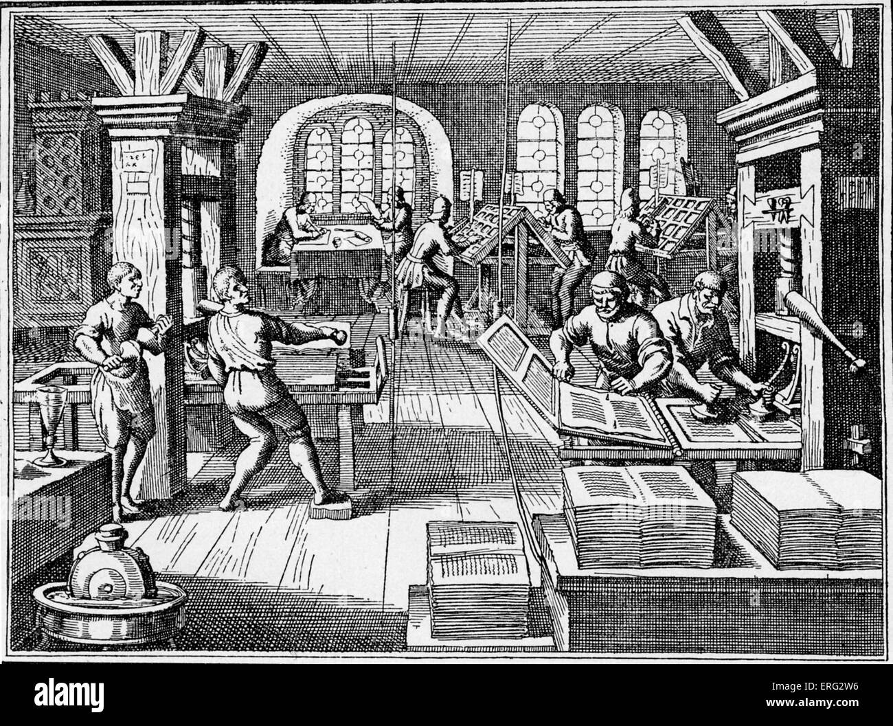 Inside a printer 's shop.  Engraving from Gottfried's 'Historical Chronicle', Frankfurt 1619. Stock Photo