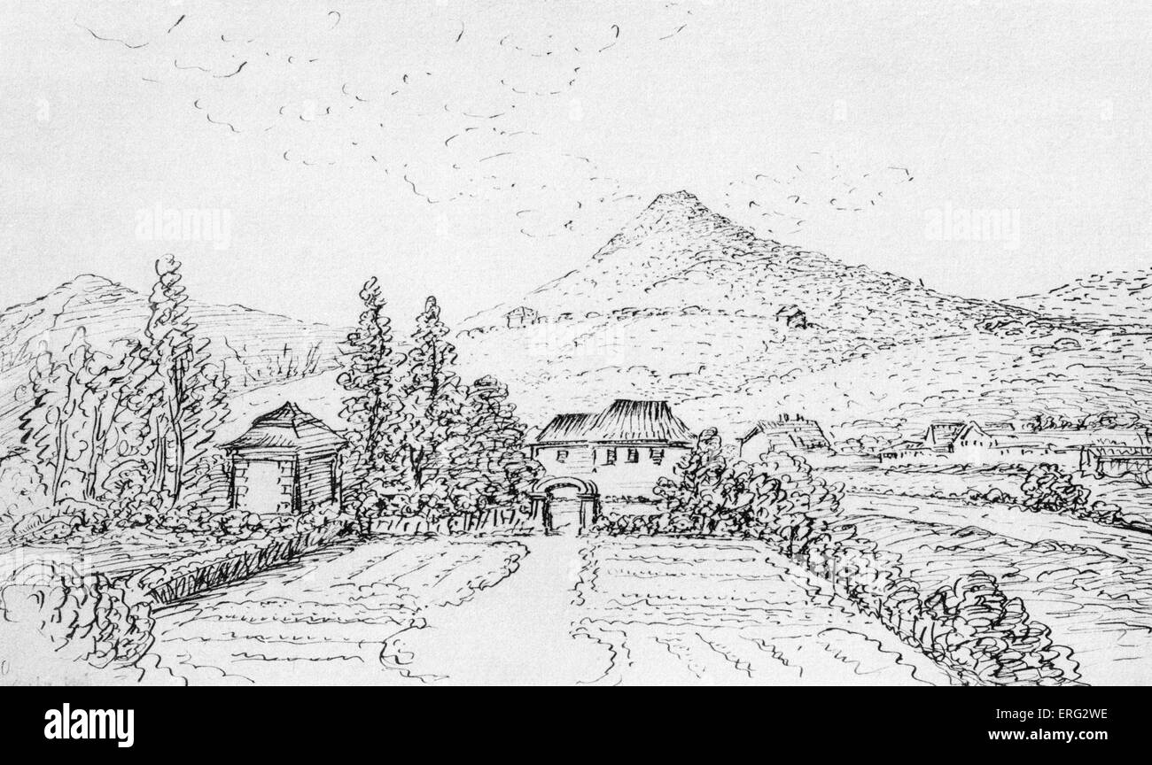 Johann Wolfgang von Goethe 's sketch of the view onto Major Karl Ludwig von Knebel 's garden from his house in Jena, Thuringia. Stock Photo