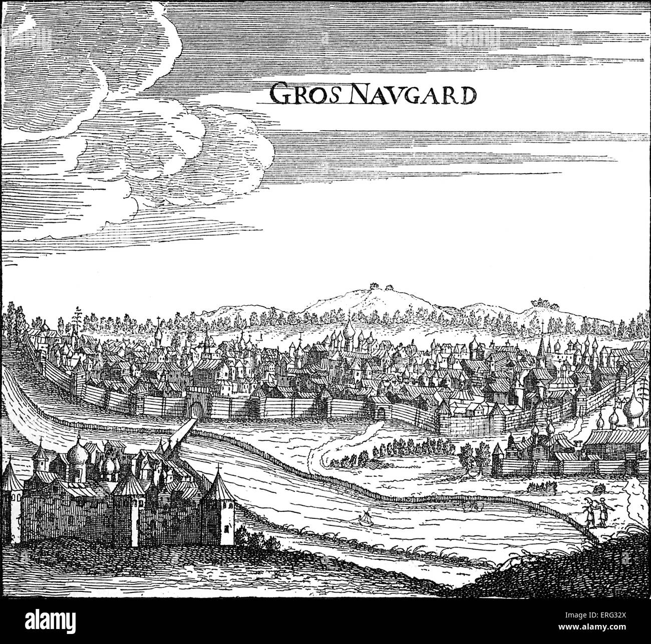 Great Novgorod,  Russia seen from across the Volhov river.  From 'Arnhold von Brand 's Travels', Wesel, 1702. Stock Photo