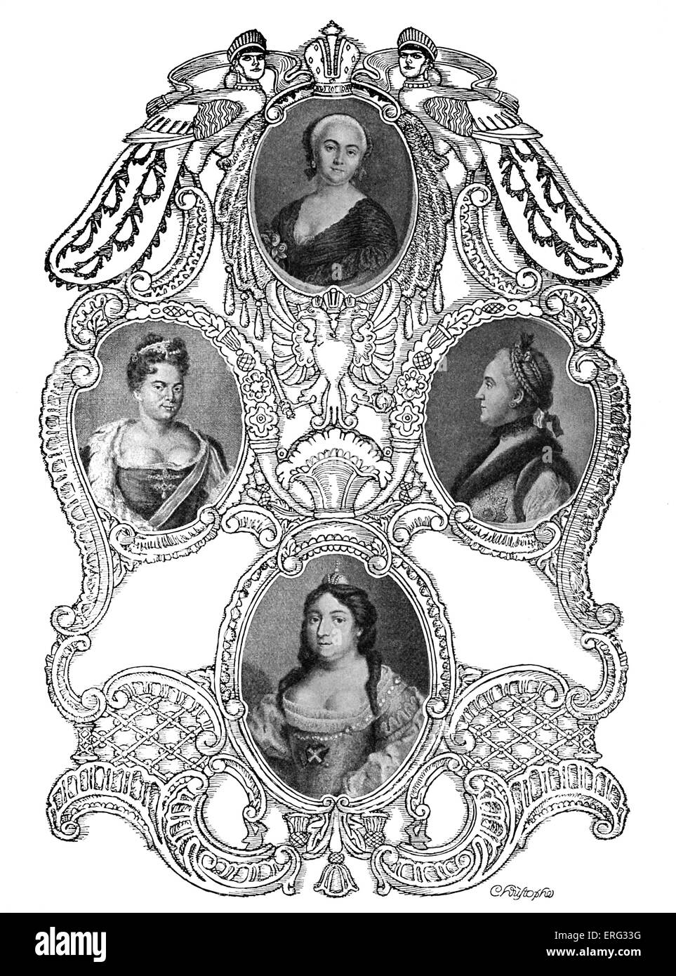 Four Russian Empresses. Catherine I 15 April 1684 - 17 May 1727; Anna Ivanovna 7 February 1693 - 28 October 1740; Elizabeth I 29 December 1709 - 5 January 1762; Catherine II 2 May 1729 - 17 November 1796. Stock Photo