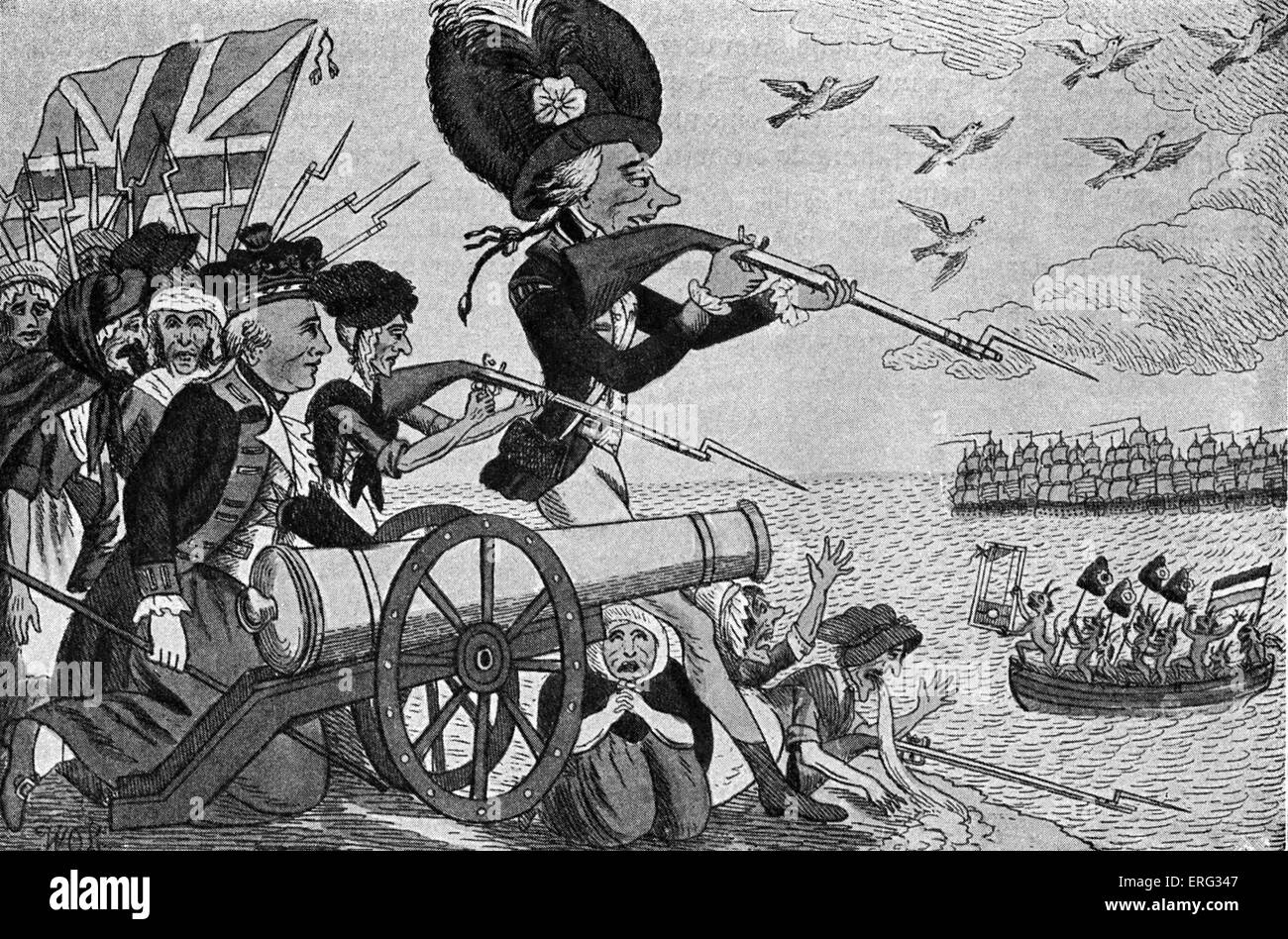 Napoleon 's planned invasion of England.  Contemporary caricature showing British troops firing on French revolutionaries Stock Photo