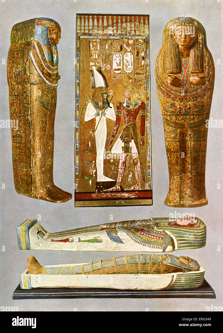 Egyptian fresco and painted sarcophaguses. Left: a woman's sarcophagus from Thebes; centre: King Seihos I before Osiris; right: a priest's sarcophagus; beneath: mummy and sarcophagus of a woman from Abusir. Stock Photo