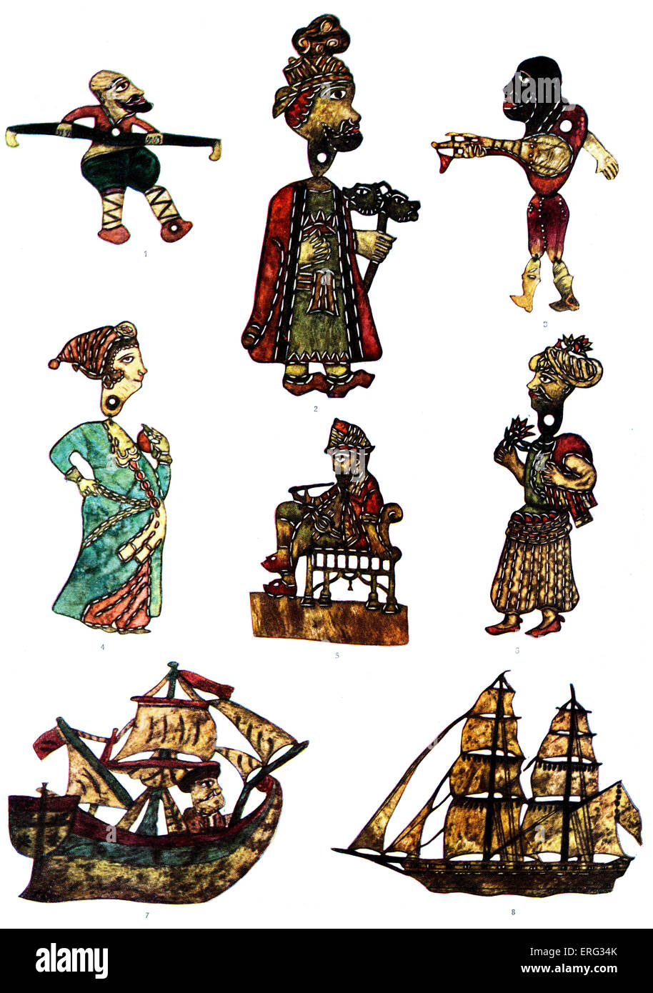 Traditional Turkish shadow puppets.  1: tight-rope walker with a balancing pole; 2: dervish with ornate crutch; 3: African with Stock Photo