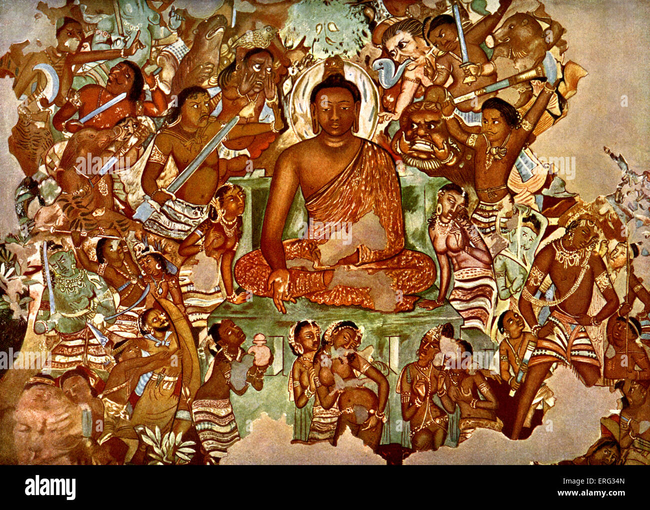 Guatama Buddha 's temptation by Mara and his daughters Stock Photo