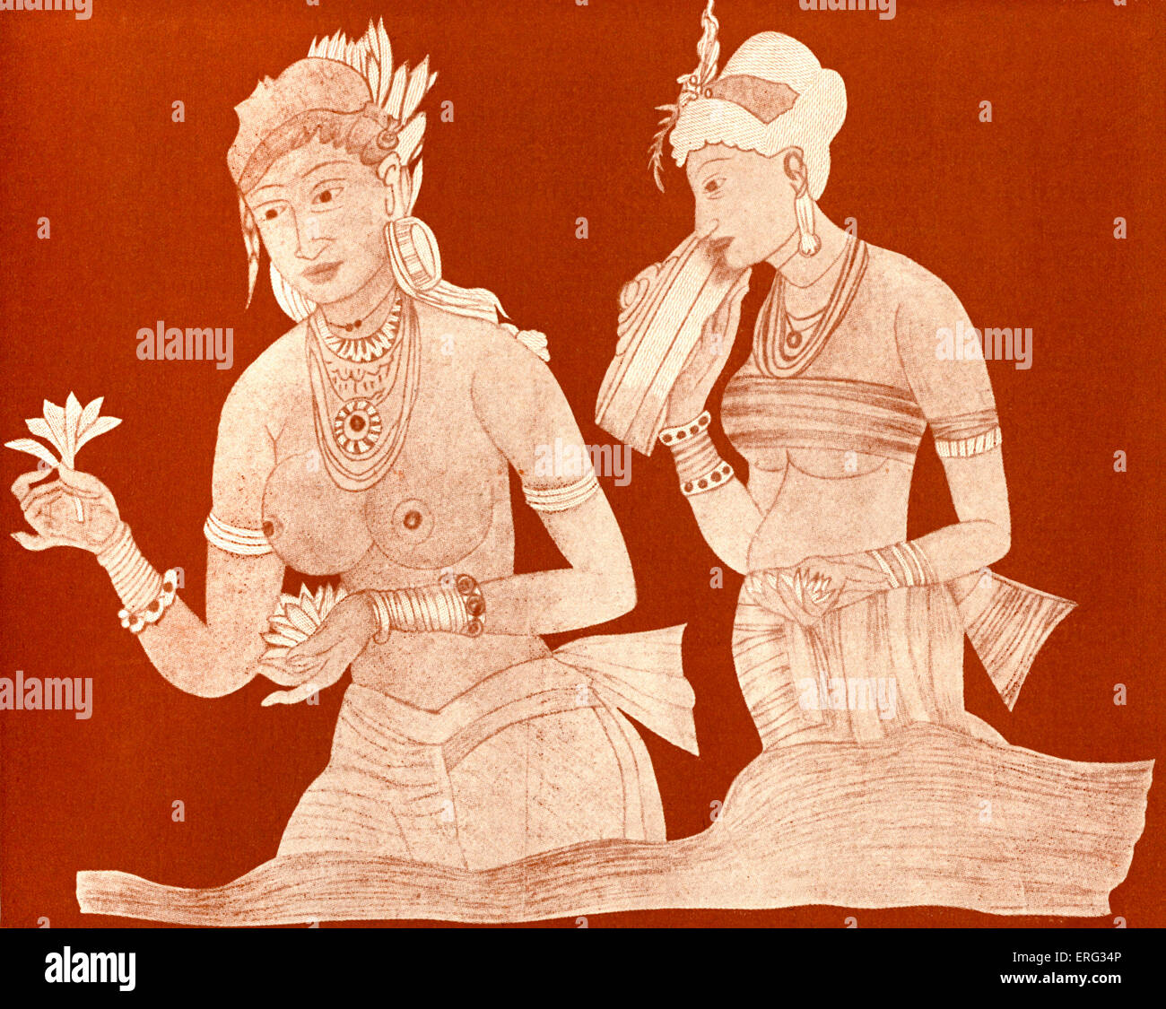 Indian princess with a servant girl.  Fresco on a cave wall. Stock Photo