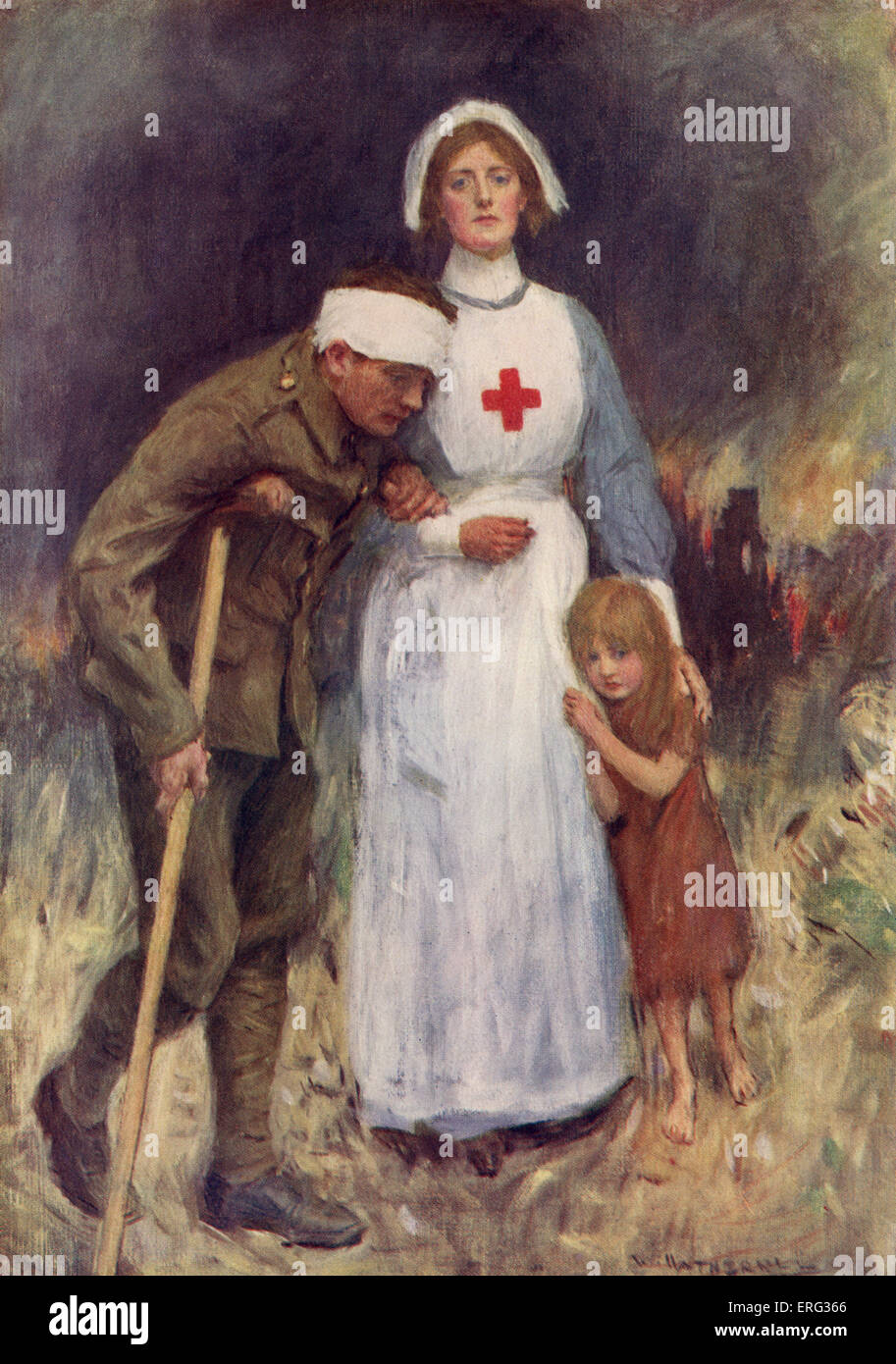 Red Cross nurse supporting an injured soldier and child dseeking shelter, copy of painting by  William Hatherell (1855-1928). Stock Photo