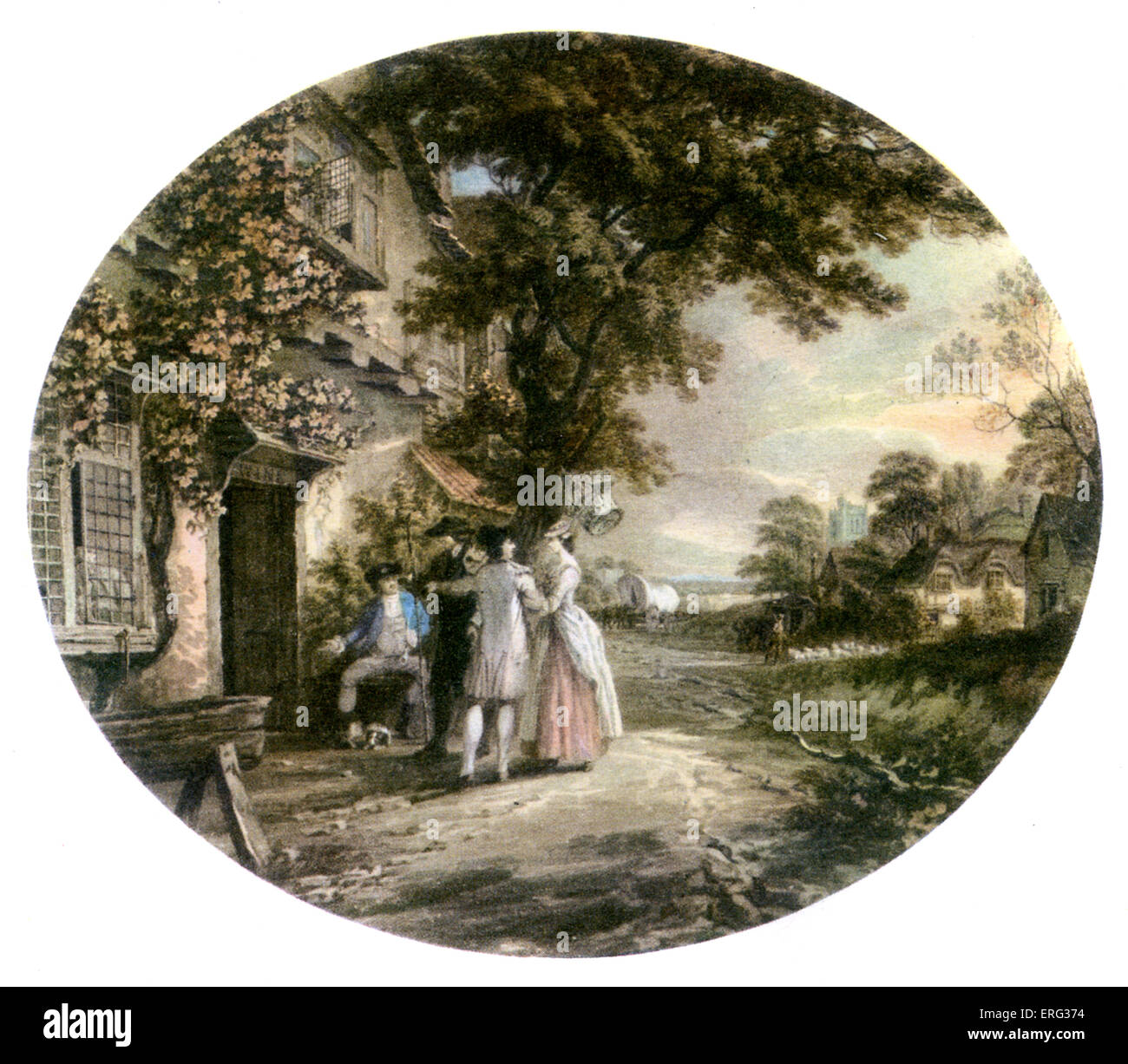 'Joseph Andrews' by Henry Fielding, illustration by Thomas Hearne. Joseph Andrews and Mr. Adams with Fanny at the wayside inn. Stock Photo