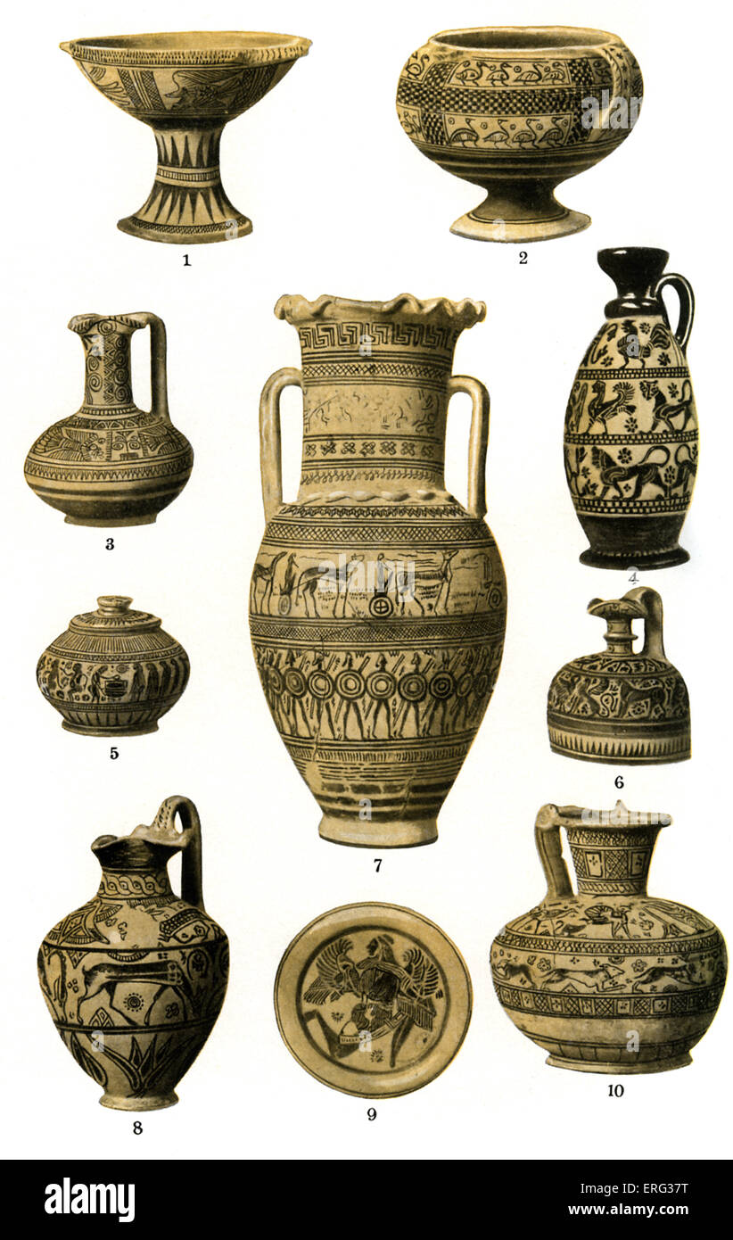 The development of Greek pottery, plate 2 of 4.  1 black figure vase in the proto-Corinthian style.  2: black figure vase Stock Photo