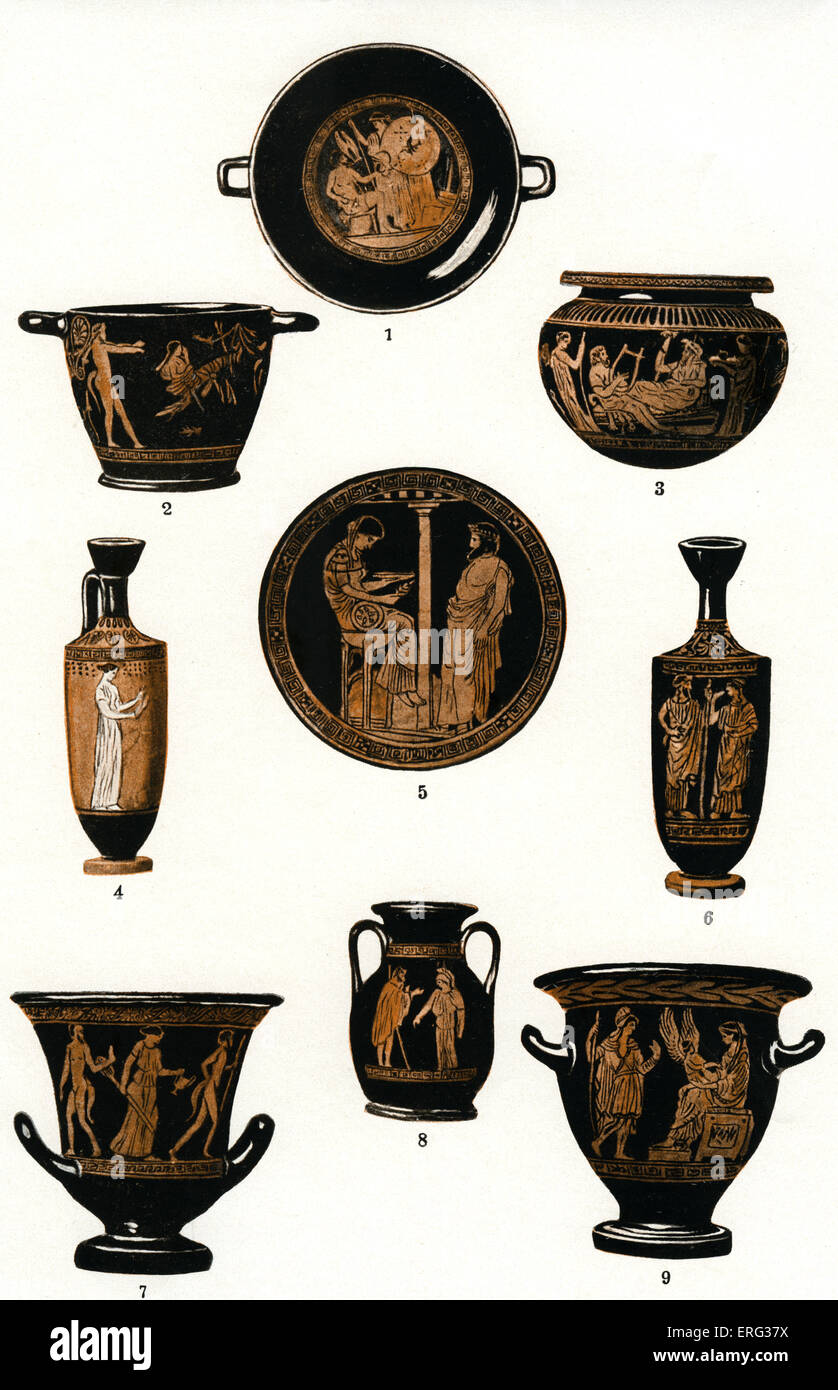 The development of Greek pottery, plate 4 of 4.  Late Athenian red and white figure vases showing domestic and mythological Stock Photo