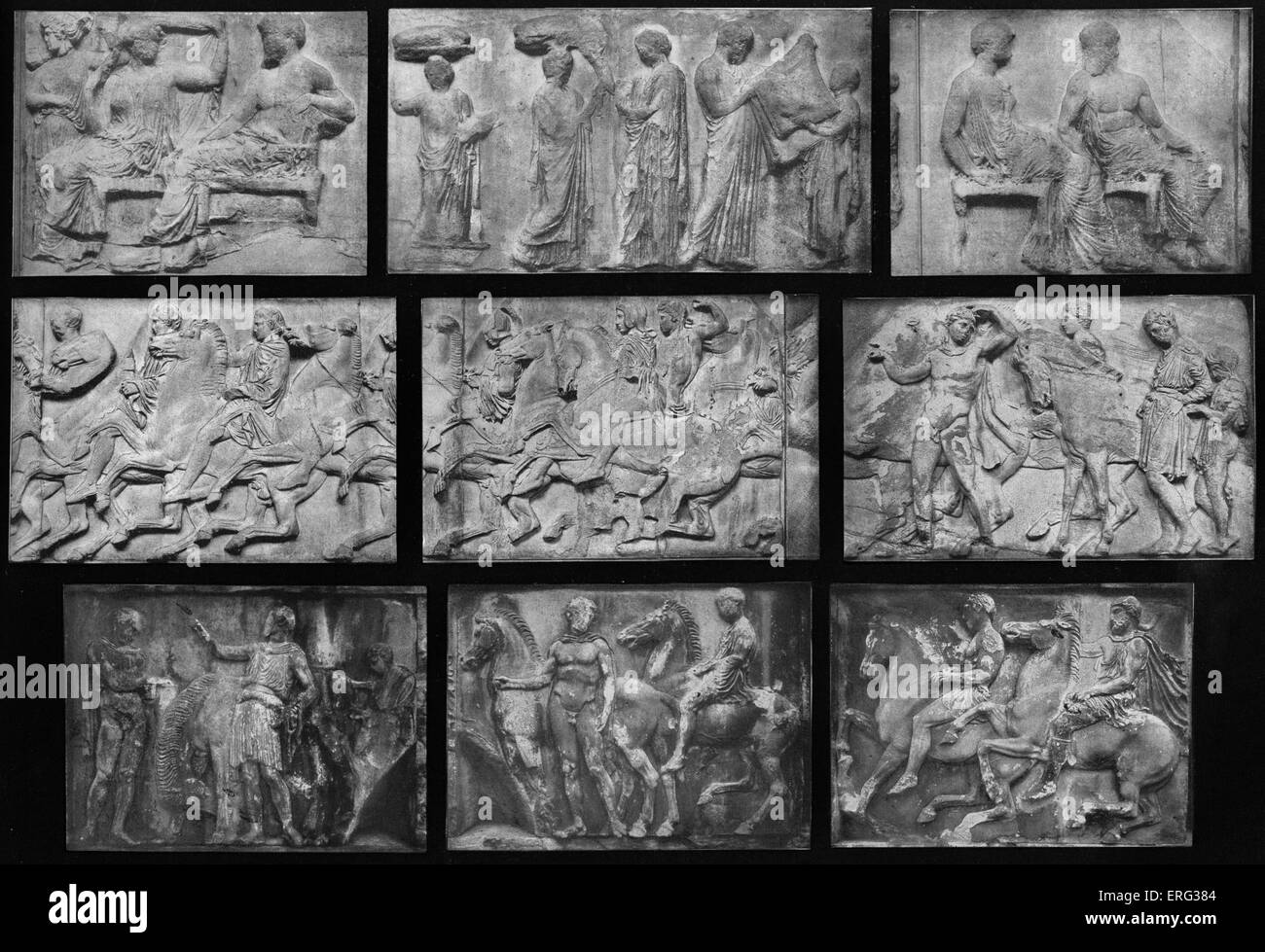 Relief sculpture from the Parthenon Frieze of the Acropolis in Athens, Greece.  Depicted: pilgrims and worshippers at the Stock Photo