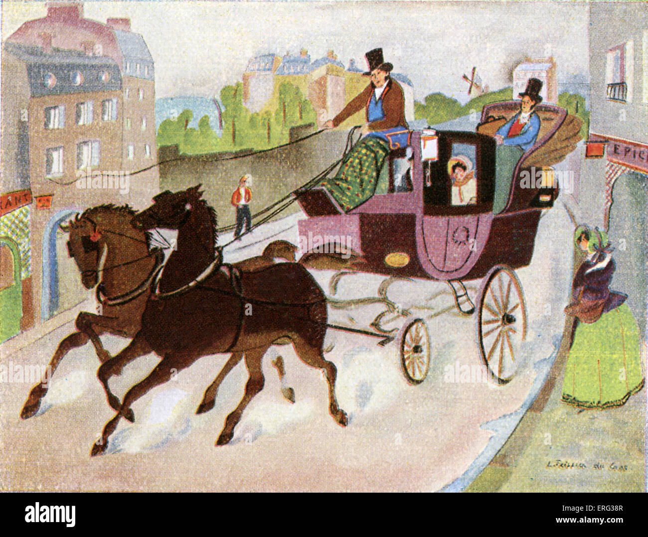 Carriage and two horses, impression of a Paris street in 1831.  Illustration from 1930 by L. Teissier du Cros. Stock Photo