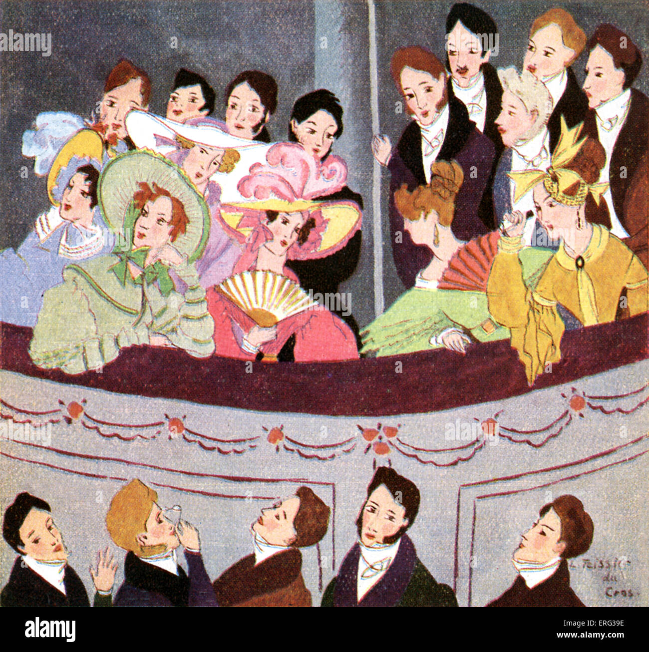 Parisian theatre-goers,   sitting in theatre box impression of a scene from 1831. France.  Illustration by L. Teissier du Cros, Stock Photo