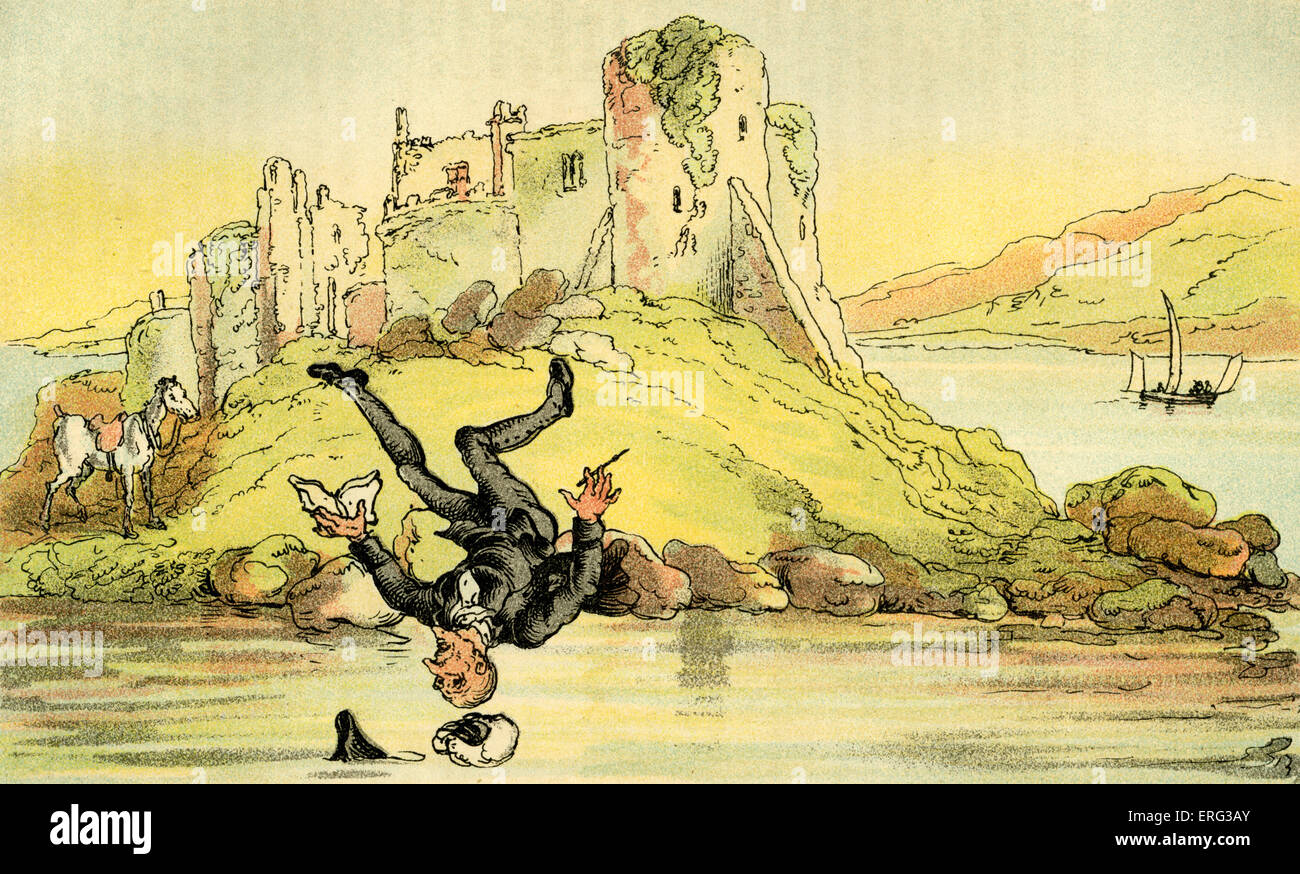 'Dr Syntax tumbling into the water', illustration by Thomas Rowlandson from 'Doctor Syntax's Tour in Search of the Picturesque' Stock Photo