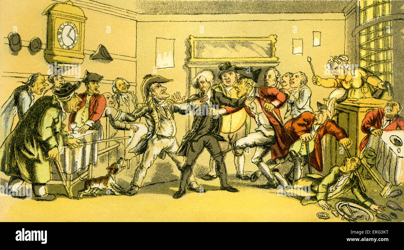 Dr Syntax present at a coffee house quarrel at Bath', illustration by Thomas Rowlandson from 'Doctor Syntax's Tour in Search of Consolation' by William Combe. First published 1820 (originally watercolours). Thomas Rowlandson 1756- 1827. Stock Photo