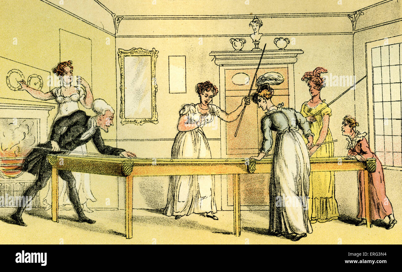 'The billiard table', illustration by Thomas Rowlandson from 'Doctor Syntax's Tour in Search of a Wife'  by William Combe. Stock Photo