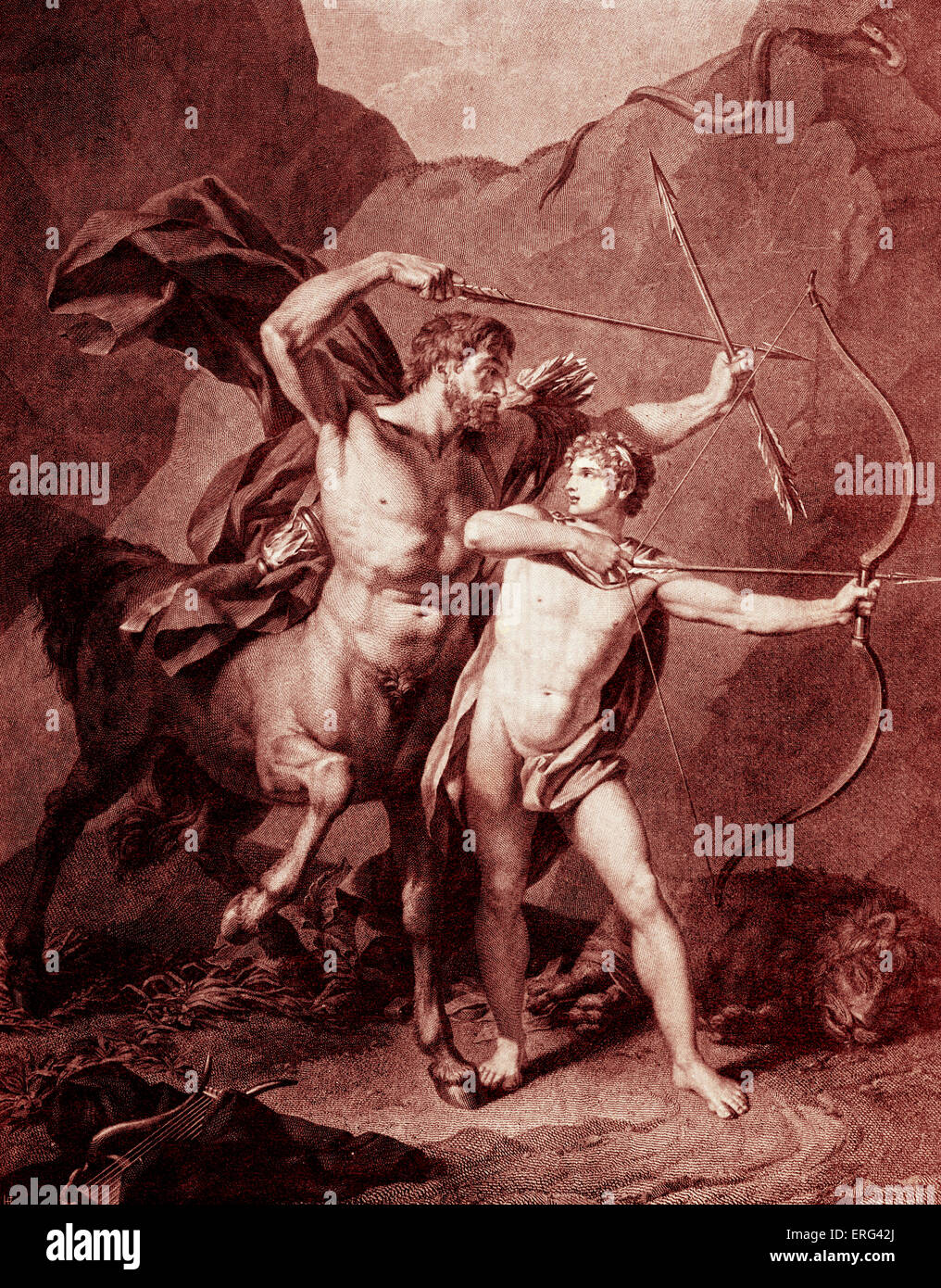 The young Achilles practices archery with Chiron, the centaur who raised him. Caption 'Die Erziehung des Achilles'. Tinted Stock Photo