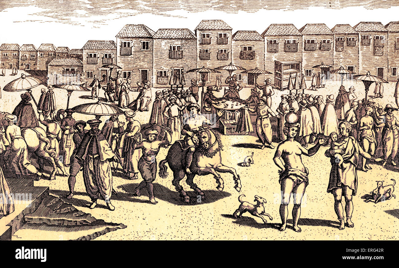 Goa, India, market scene 16th century. During the Portuguese colonisation. Engraving from 'Navigatio in Orientem', 1599. Tinted Stock Photo